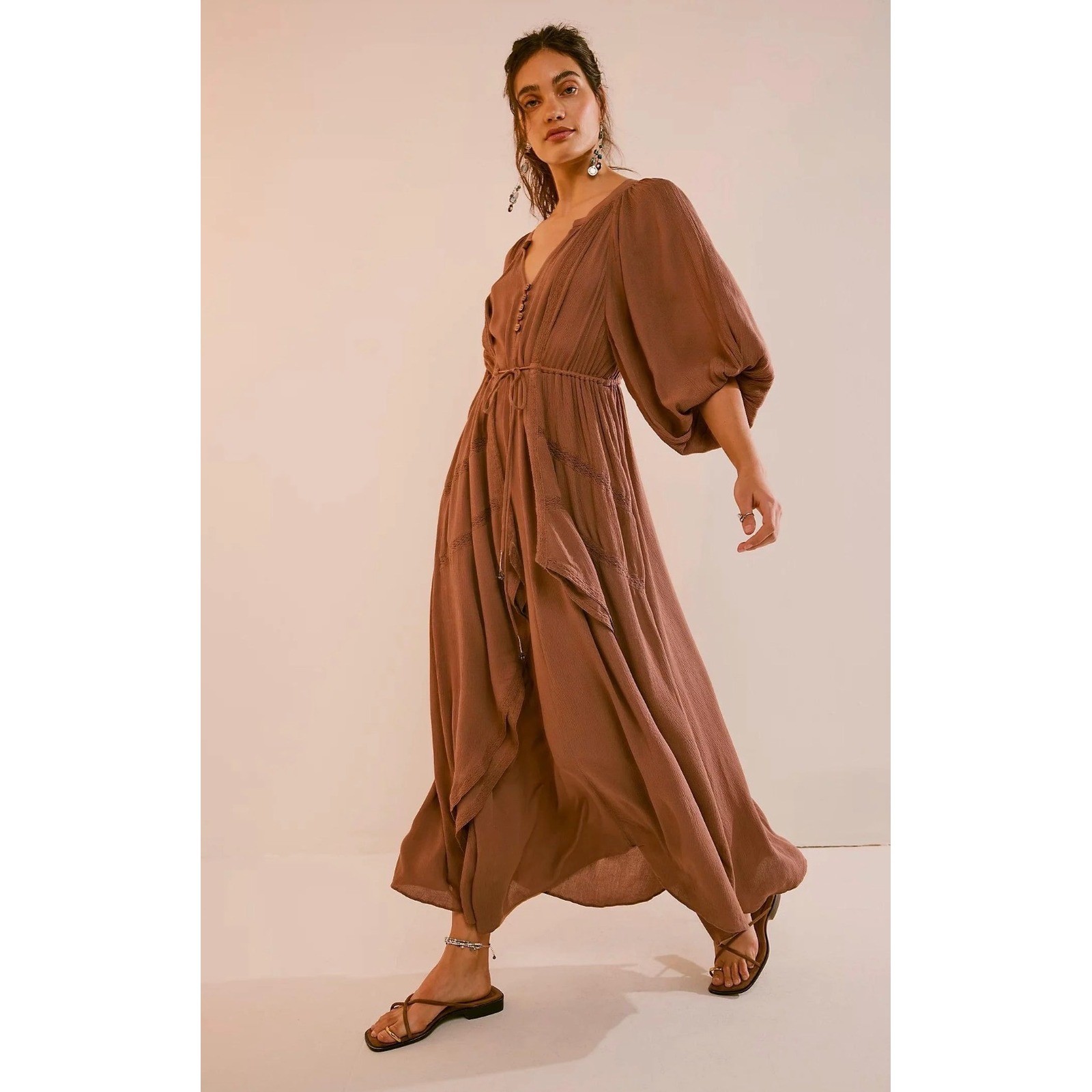 Free People Plenty of Love Maxi Dress Brown Lace Trim XS