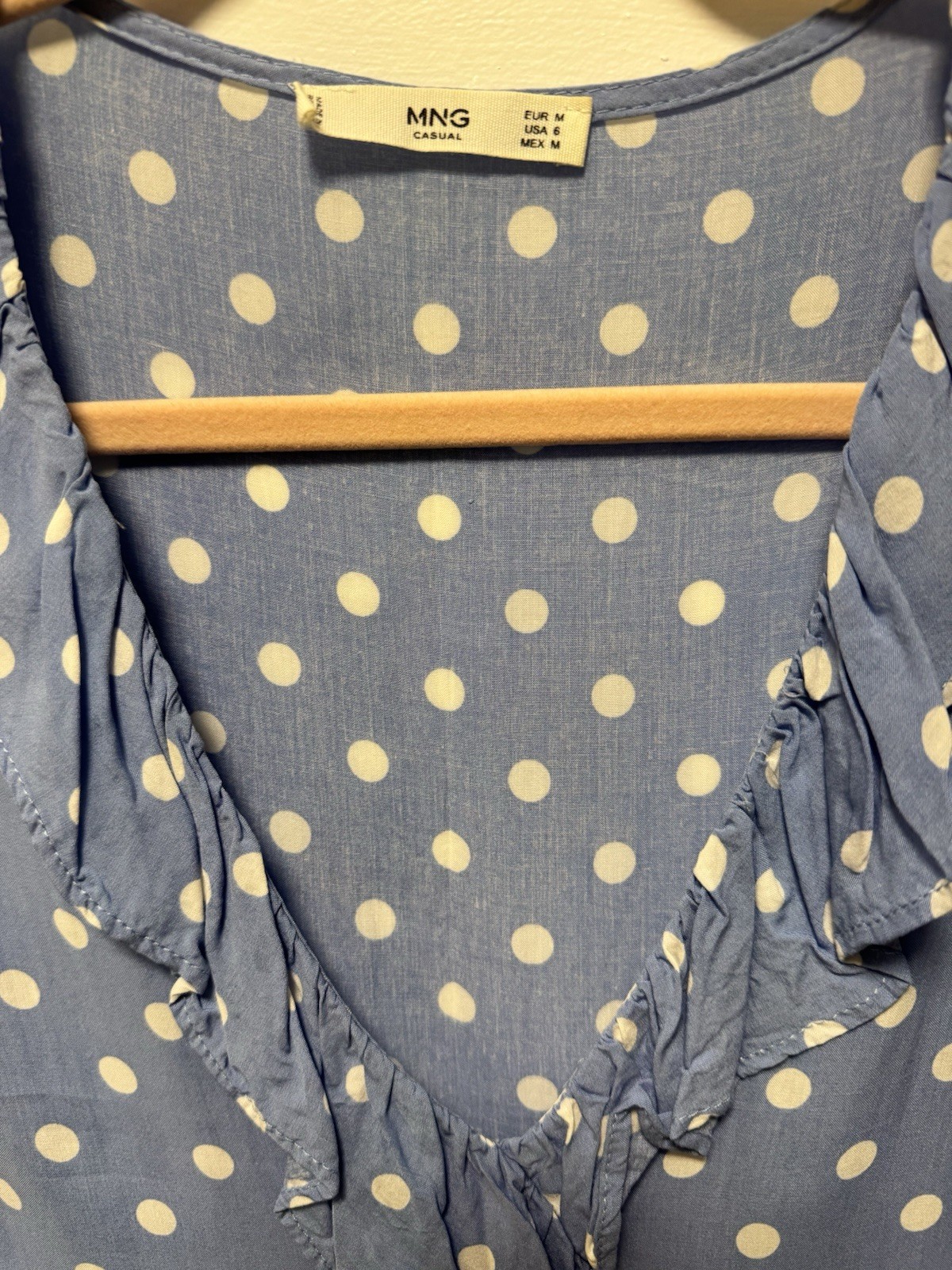 Mango Light Blue and White Polka Dot Ruffle Wrap Dress