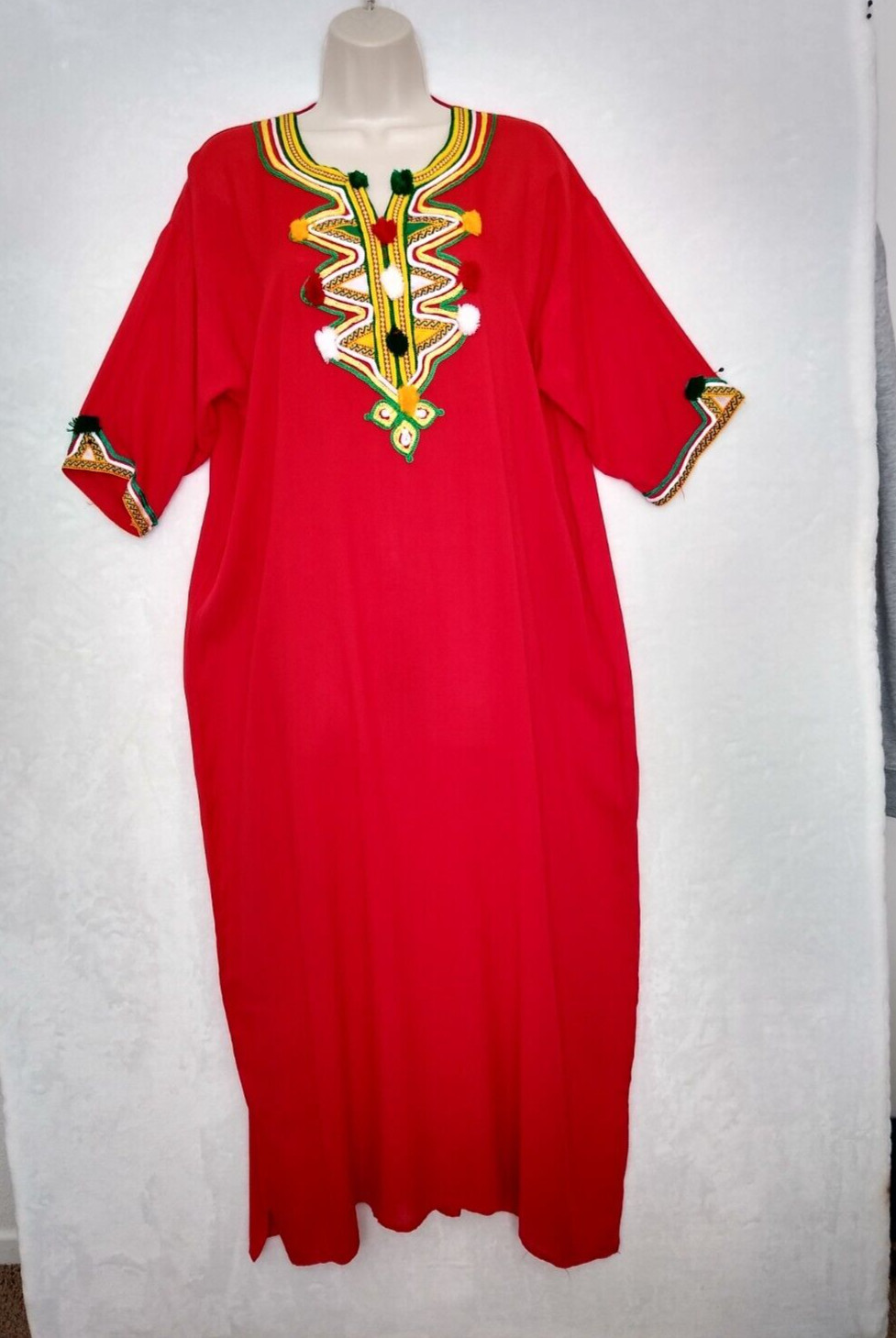 Moroccan Kaftan Gandoura Berber Clothes Handmade Dress Bohemian Red Ribbon Women