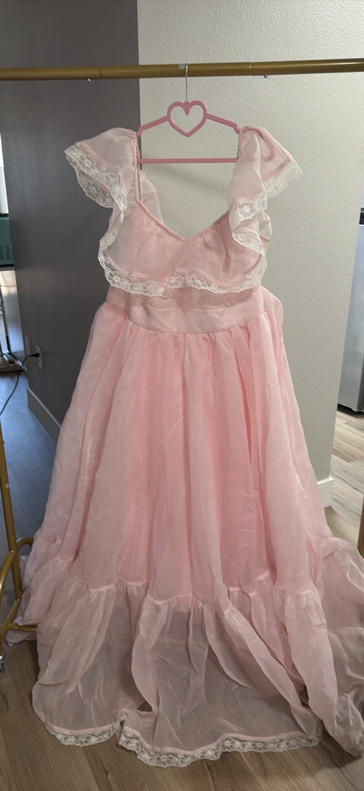 Selkie Pink Solid Lace Trim Ruffle Long Ball Gown Dress 2XS Plus