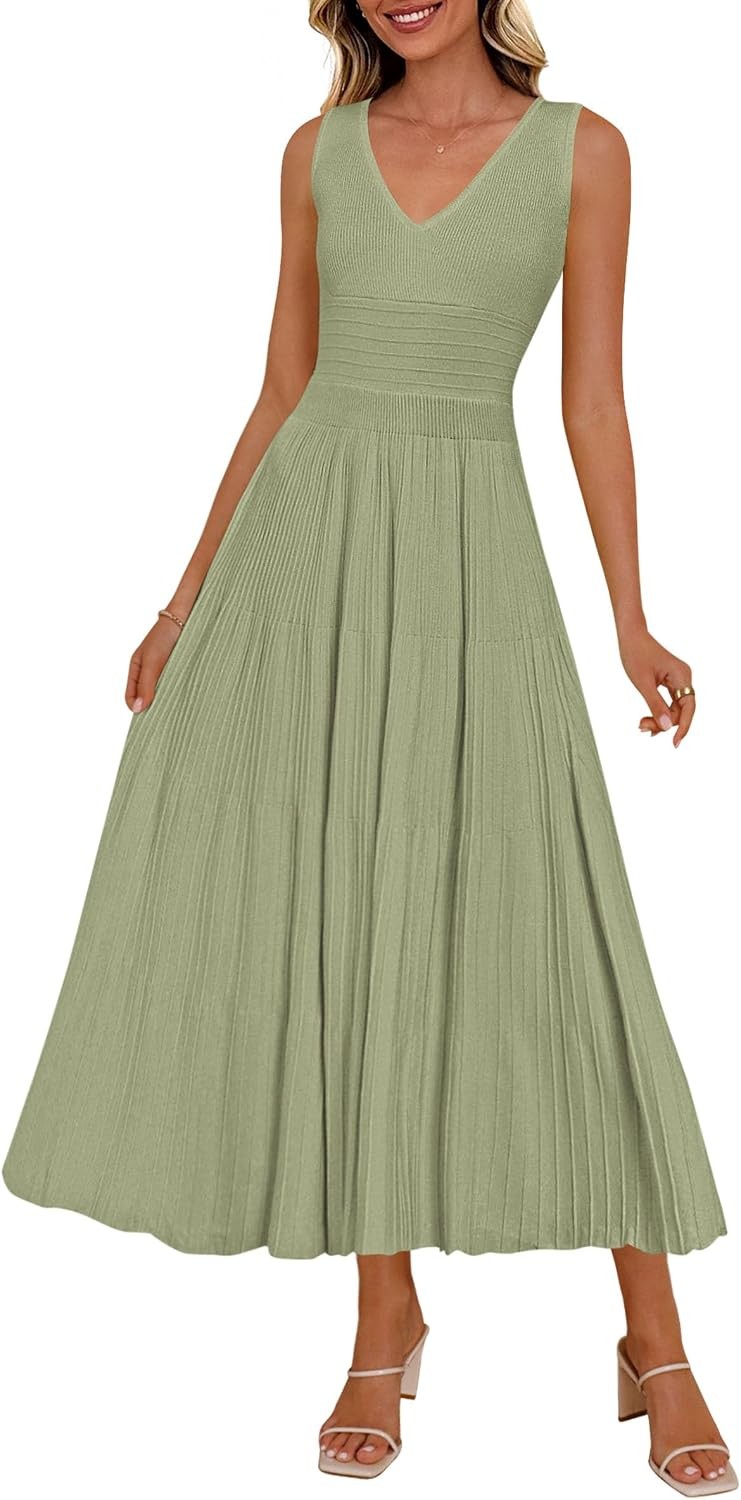 Summer Dresses for Women 2026 Spring Casual Sleeveless V Neck Pleated Midi Work