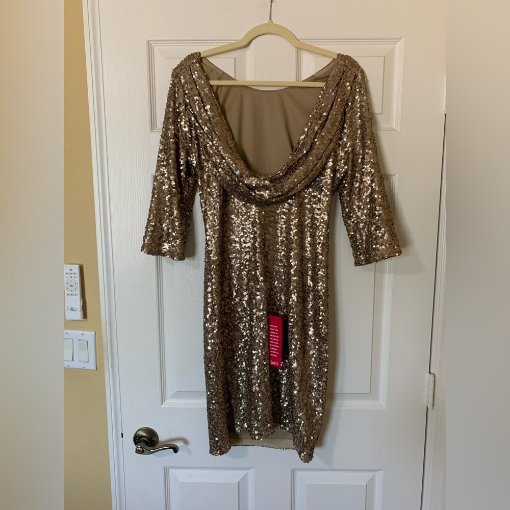 Badgley Mischka Gold Sequin Cuffed Sleeve Sheath Dress Sz L Formal Cocktail Gala