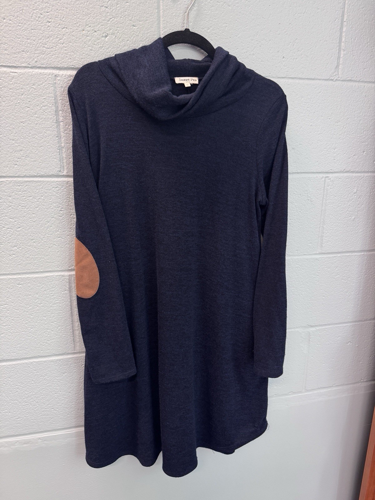 Sweet Pea Sweater Dress Large Soft Knit Cowl Neck Navy Blue Preppy Fall Boho