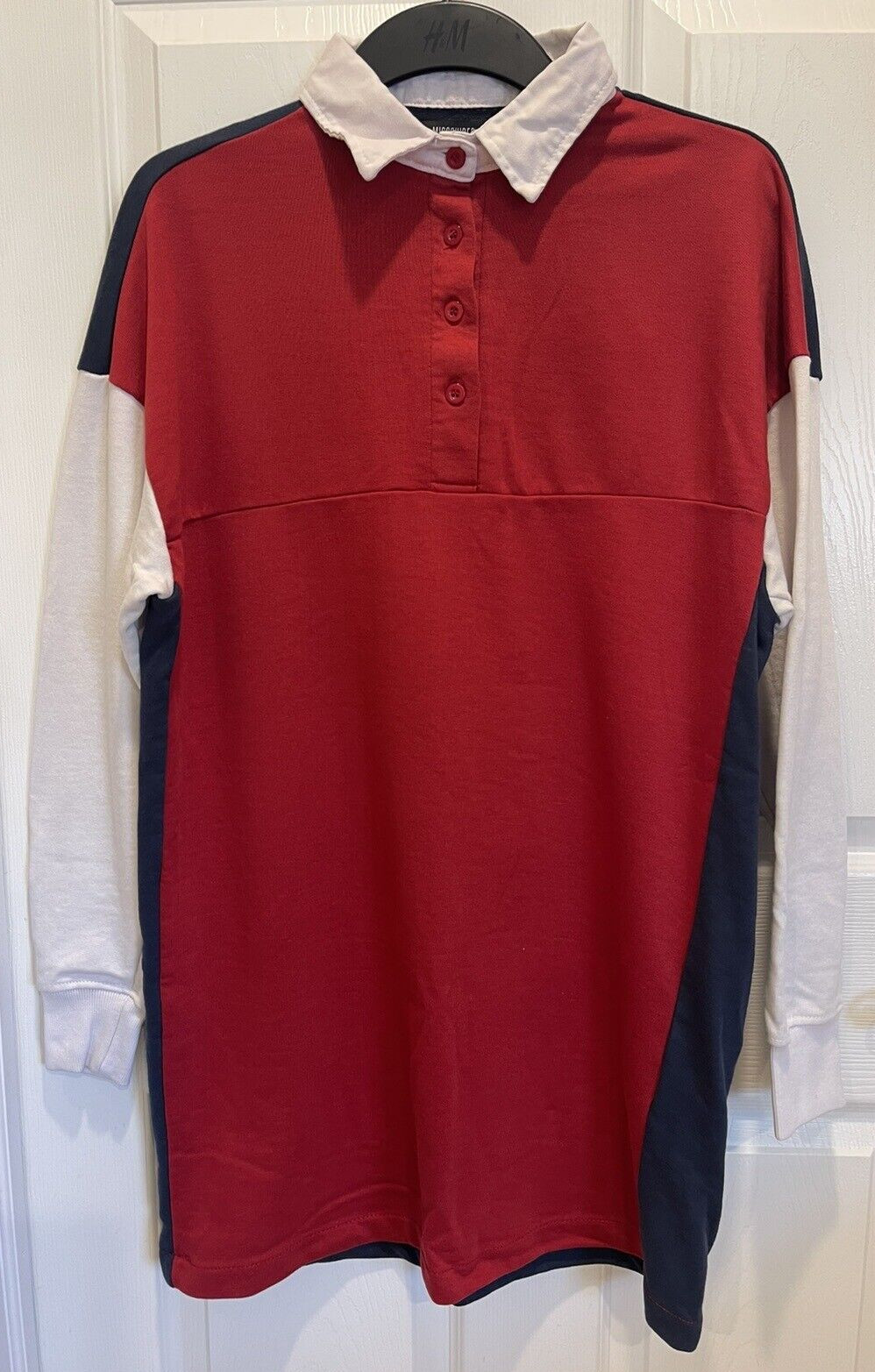 Missguided Shirt Dress Long Sleeve Collar Red White Blue Size 6