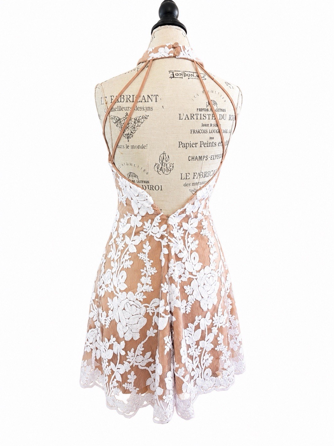 Dress the Population Floral Sequin Lace Illusion Halter Mini Dress Size S Bride
