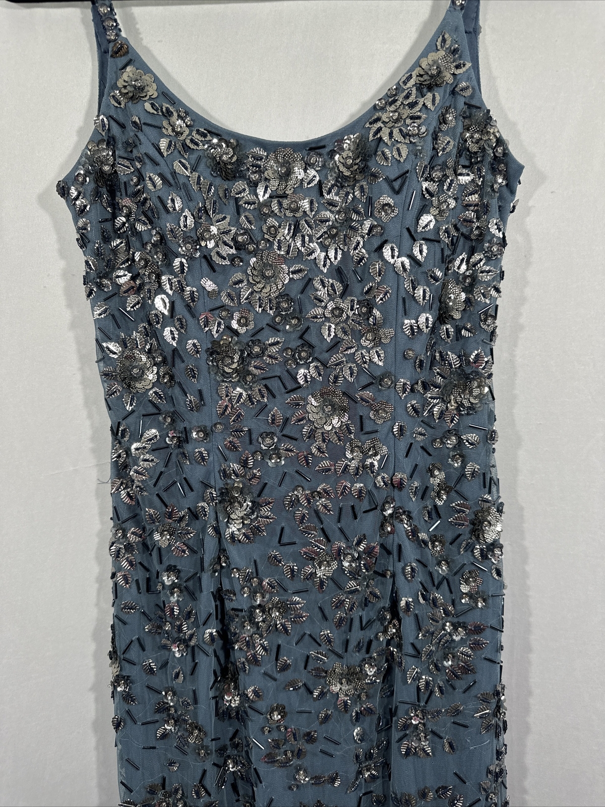 NWT Mac Duggal [ 4 ] 5477 Floral Embellished Scoop Neck Gown Slate Blue #S1248