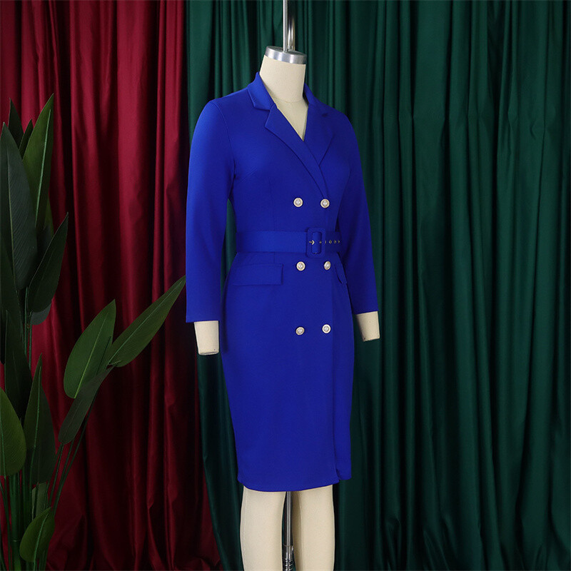 Solid Color Commute Ol Double Breasted Plus Size Suit Collar Temperament Dress
