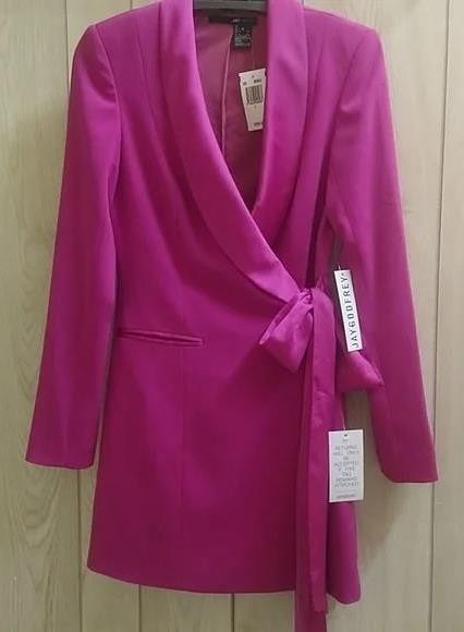 Jay Godfrey ROXY Blazer Surplice Wrapped Tie Long-Sleeve Mini Dress, 0 Magenta
