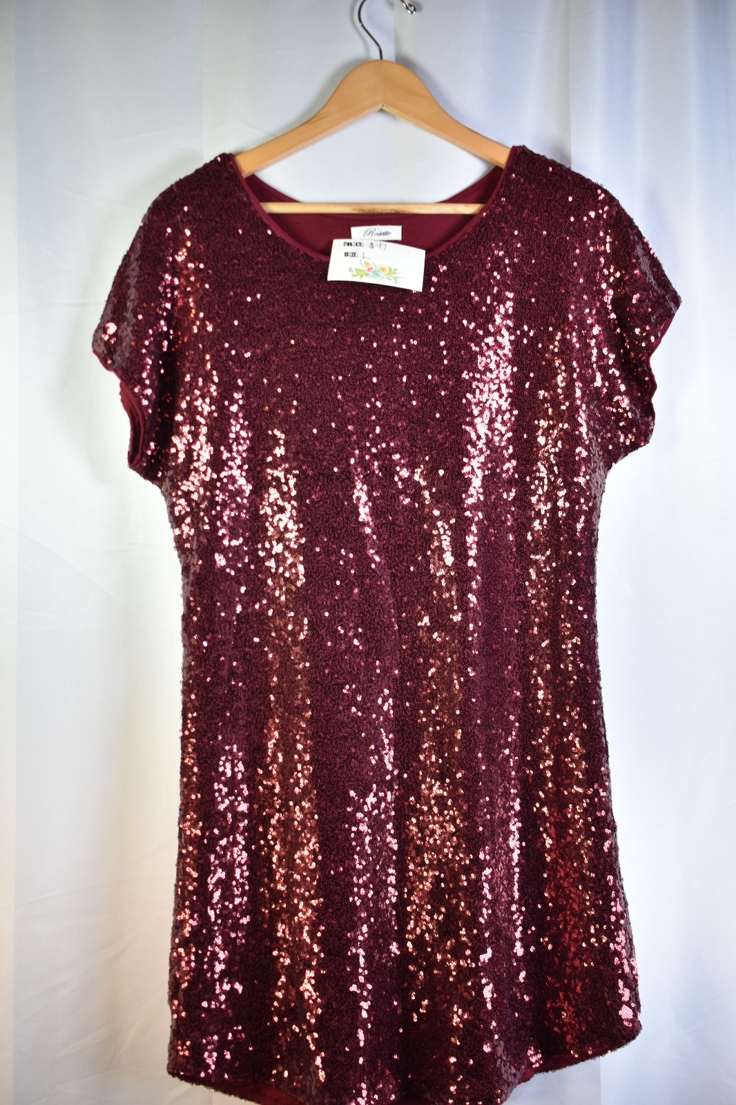 Rosette Sequin Top Women’s L Burgundy Wine Short Sleeve Party Dress Sparkle