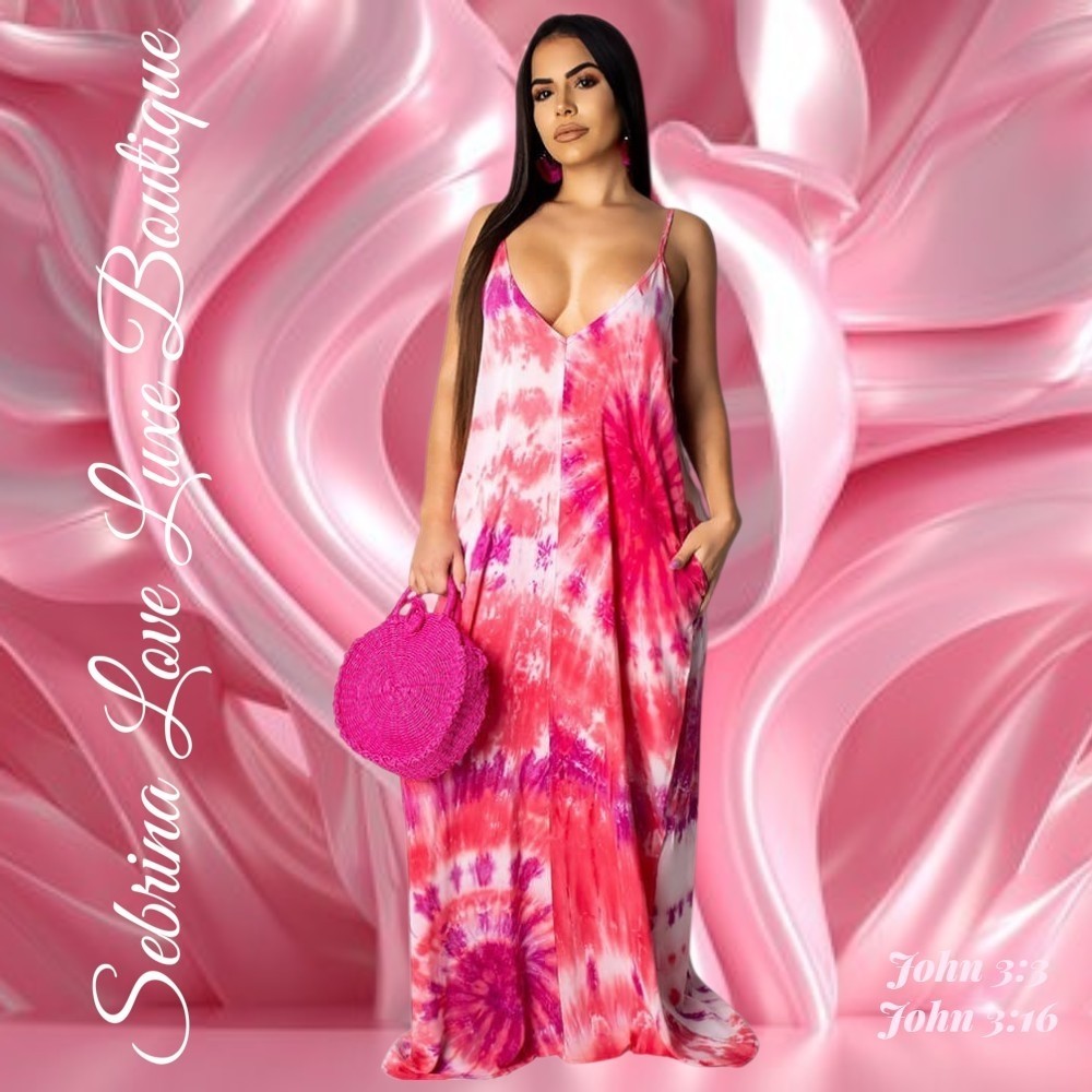 Boho Featival Pink Tie Dye Maxi Dress (Size L/XL)