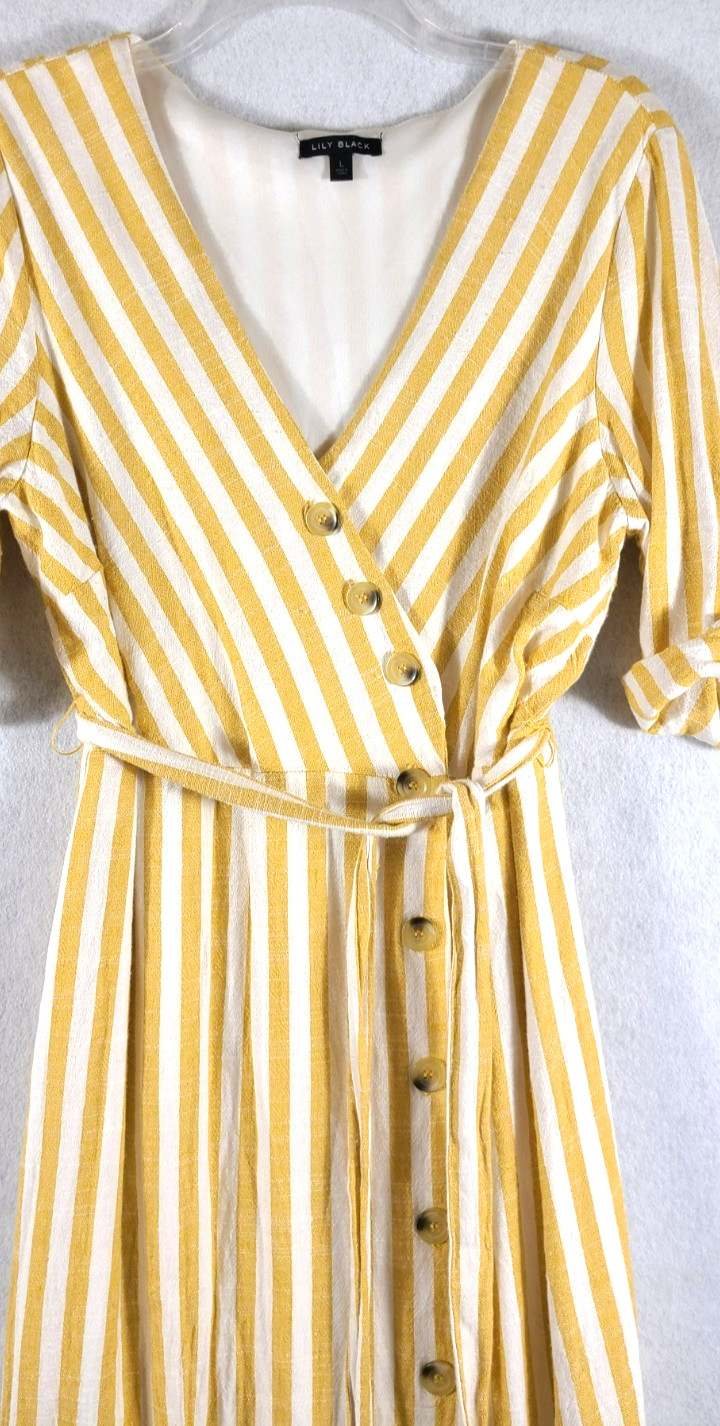 Lily Black Wrap Dress Midi Yellow White Stripe Lined Button Womans Size Large