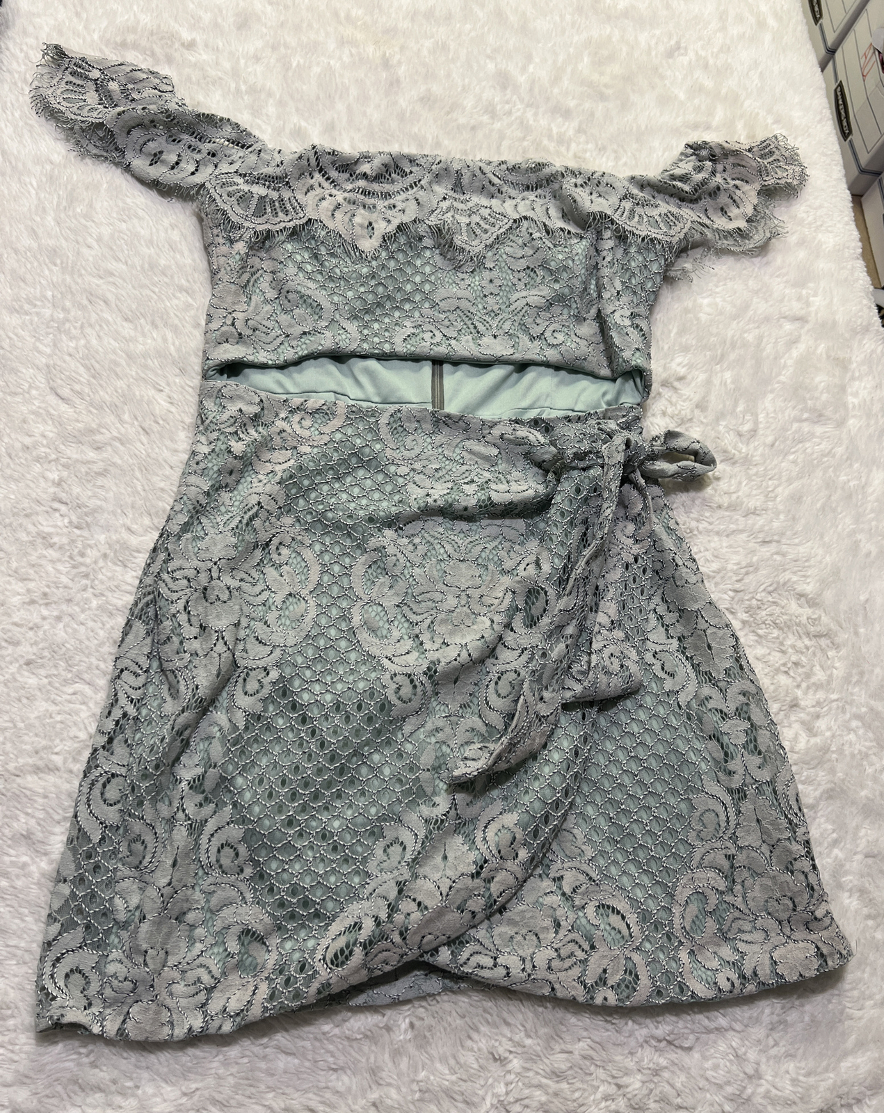 Tobi Size L Lace Mini Wrap Dress Split Front Zip Back Eyelash Trim