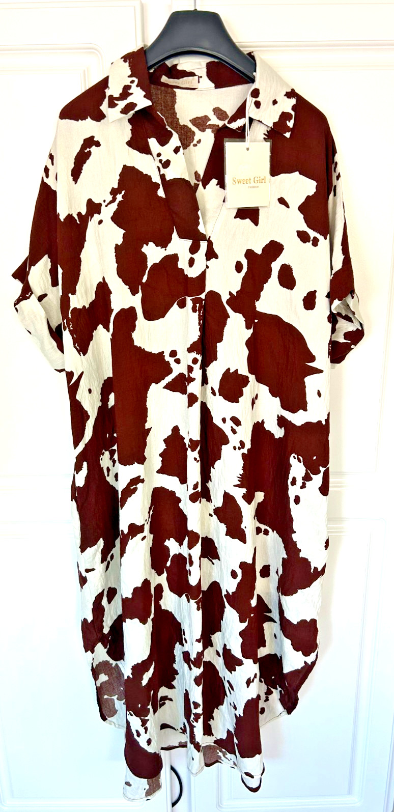 NEW W TAG LOSE FIT BRWON & WHITE SHIRT DRESS W POCKETS,COTTON,SHORT SLEEVES,S/M