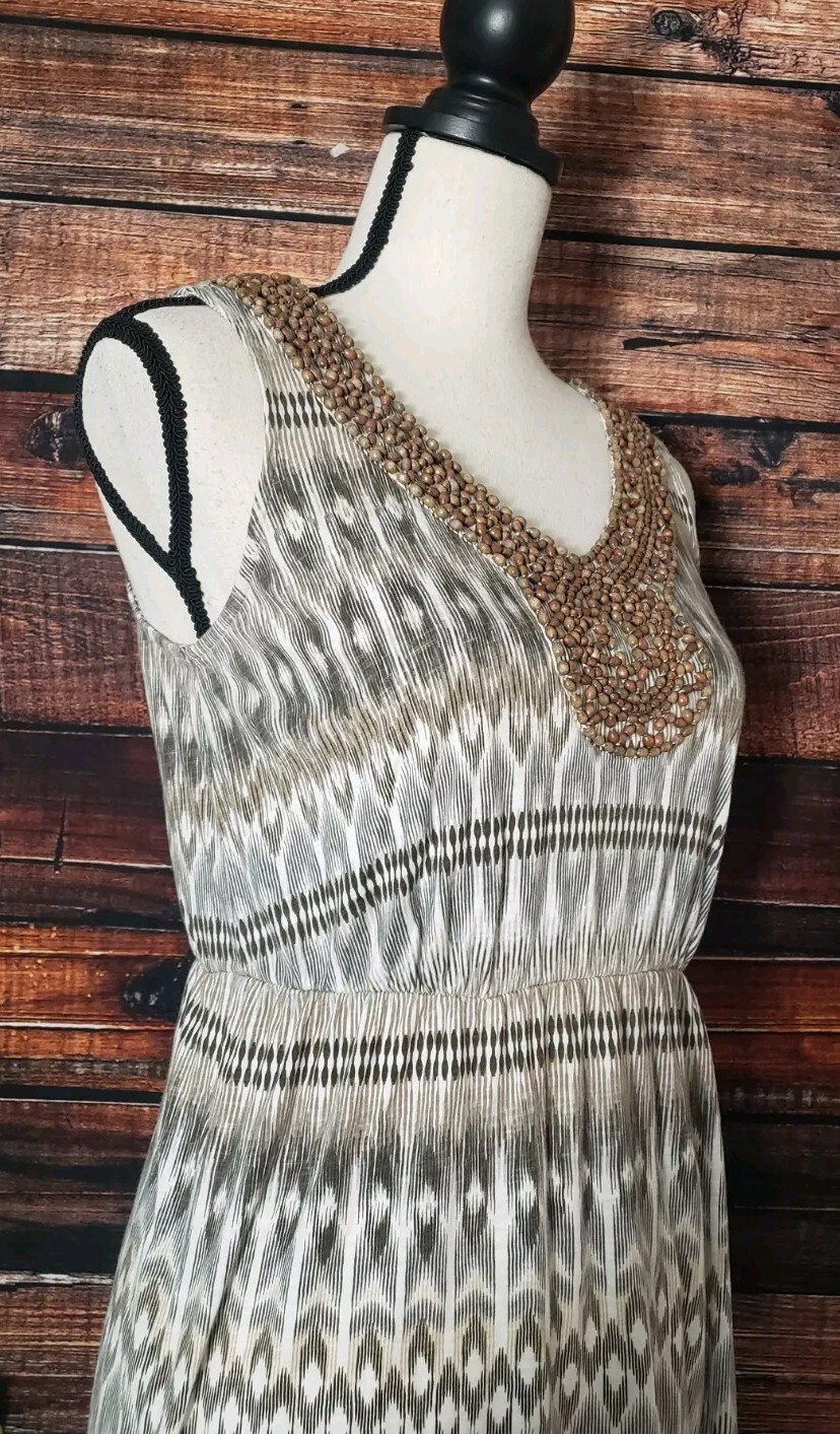 Sonoma Dress Size Small Maxi Beaded Tribal V-Neck Sleeveless Boho Side Slits