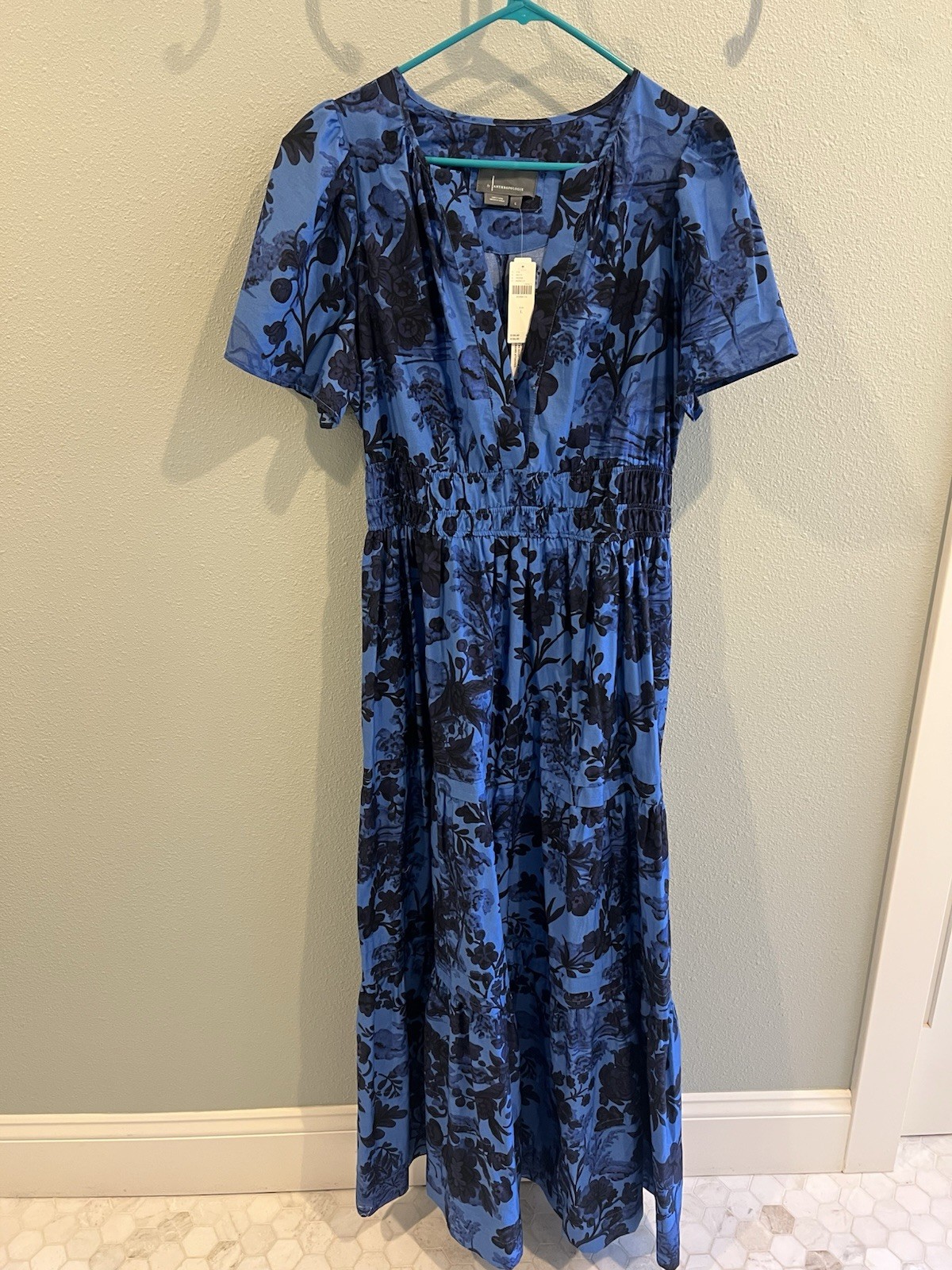 Somerset Cotton Blue Toile Floral Dress Large L NWT Anthropologie