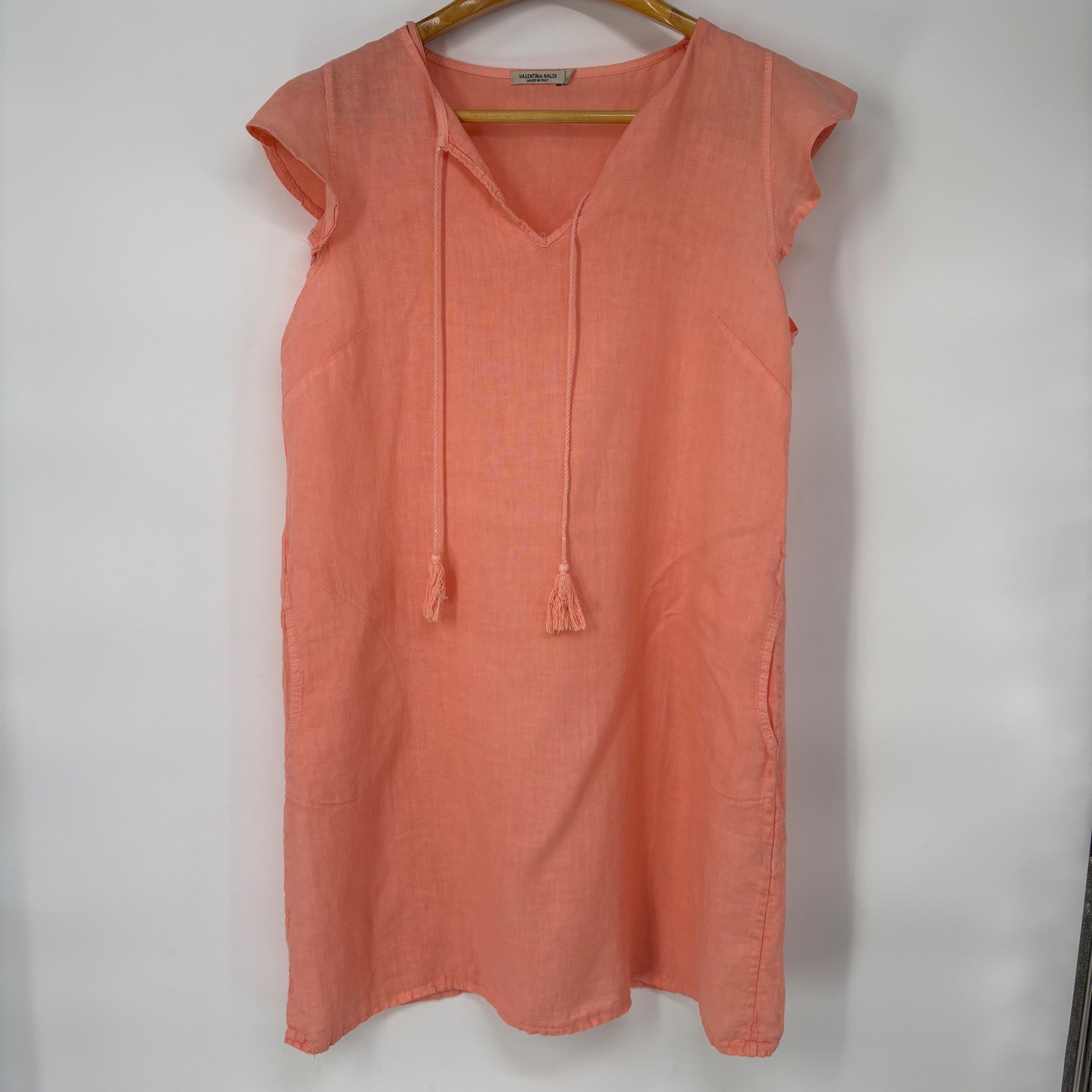 Valentina Naldi Coral Pink 100% Linen Shift Dress L Flutter Sleeve Tassel Beachy