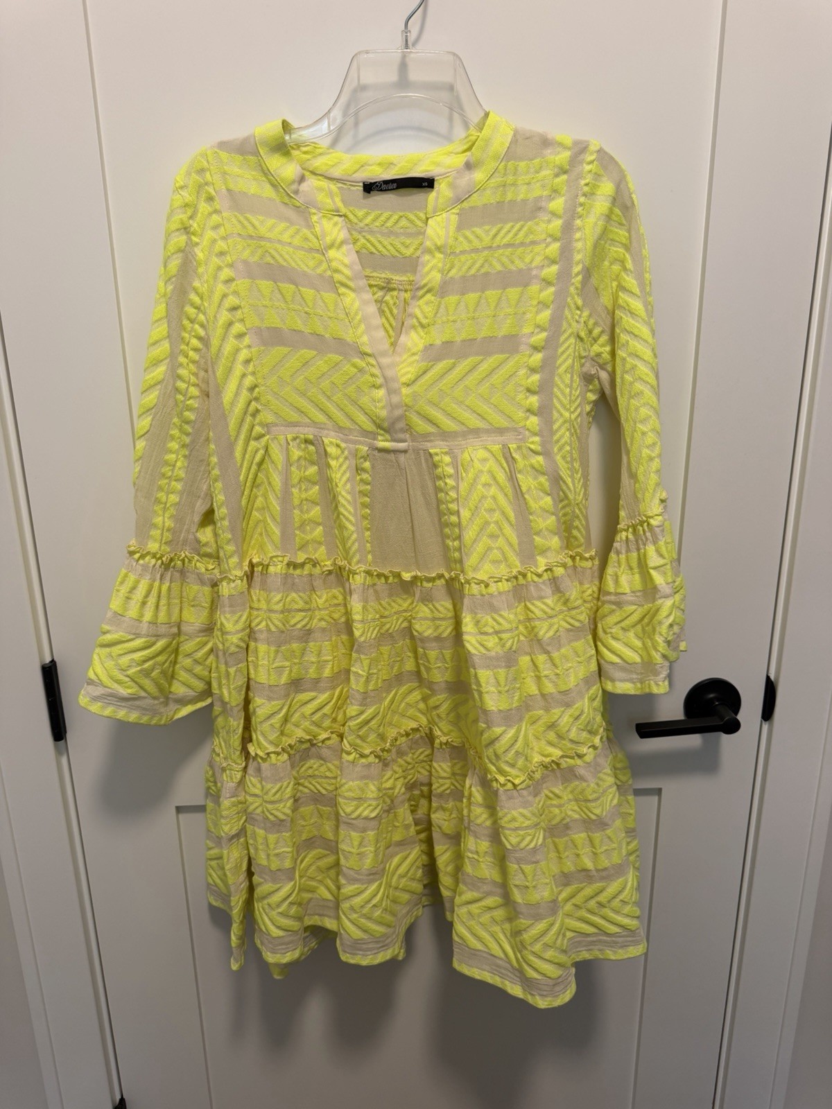Devotion XS Twins Ella Neon Yellow Flared-Sleeve Tiered A-Line Mini Dress