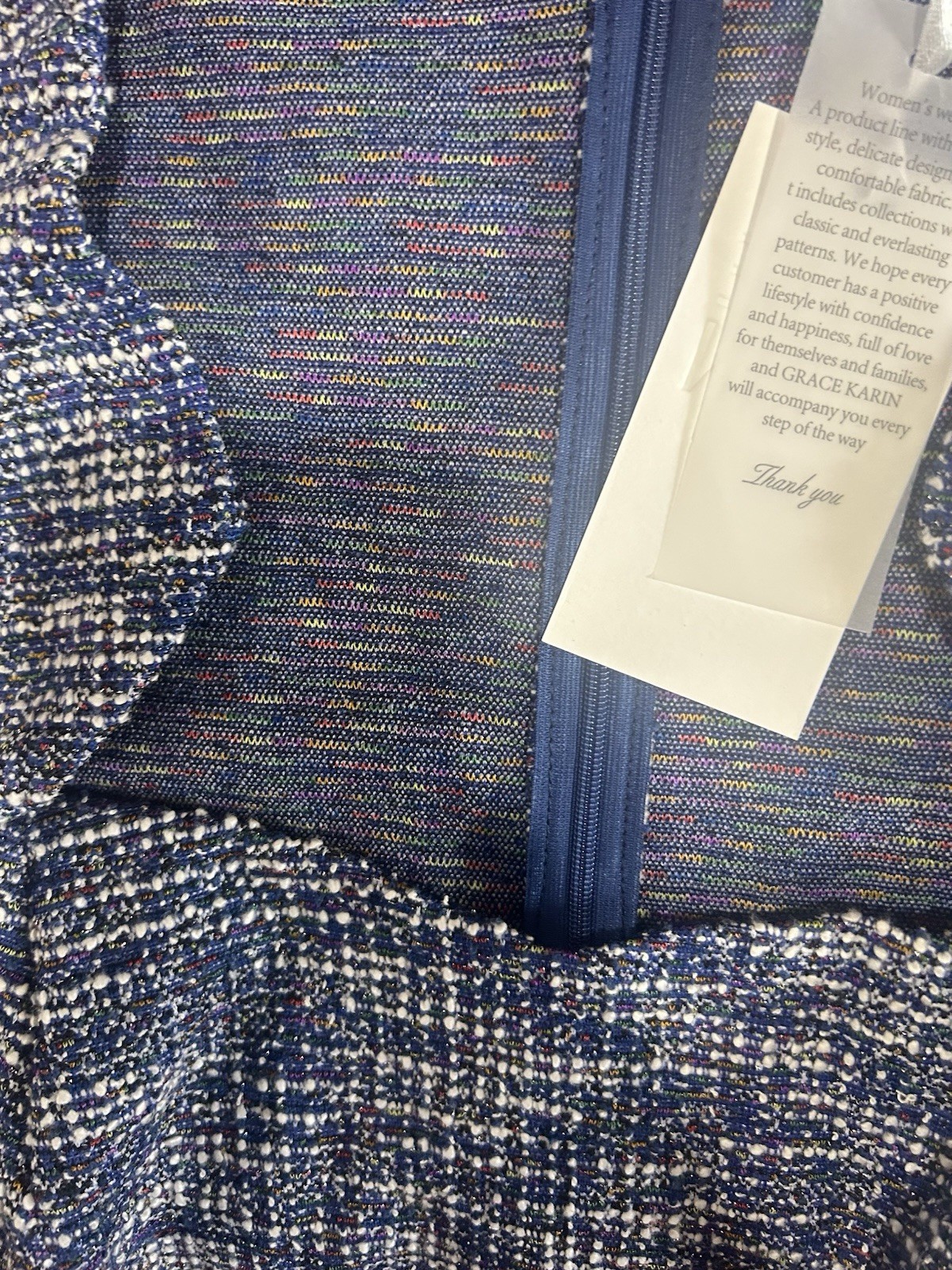 Grace Karin Blue White Tweed Square Neck Sheath Midi Dress Short Sleeve XL NWT