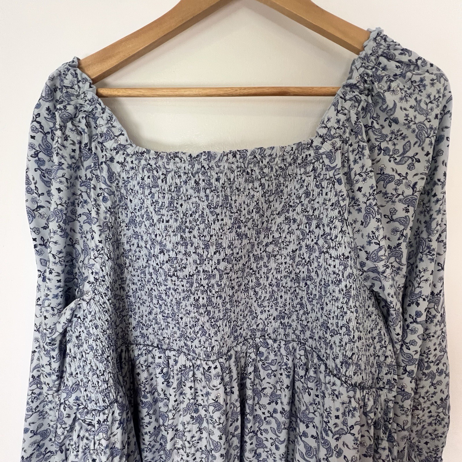 Boho Cottagecore Floral Peasant Dress XXL Smocked Babydoll Blue White