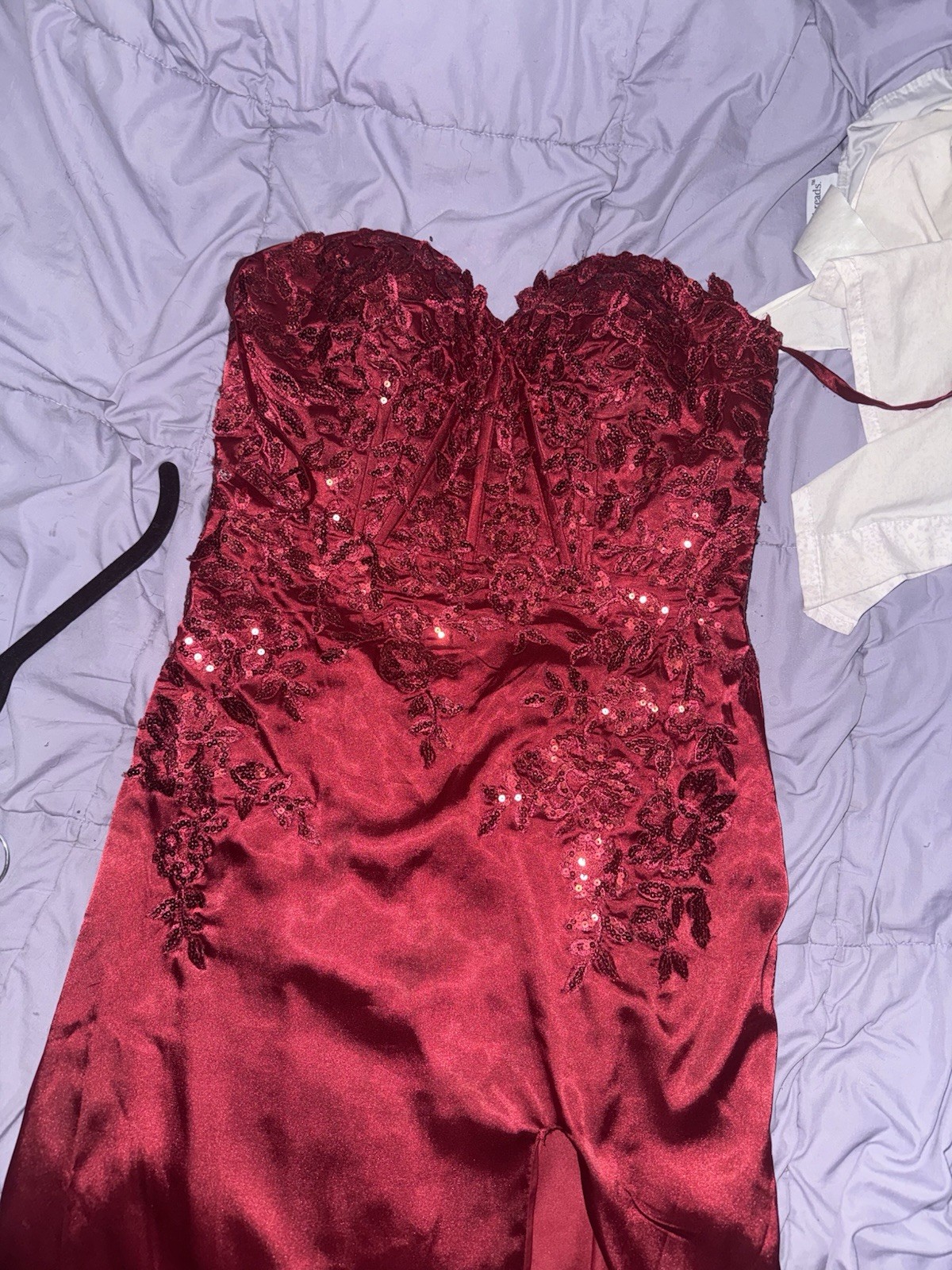 Strapless Sweetheart Burgundy Satin Sequin Beaded Long Formal Gown Size 8
