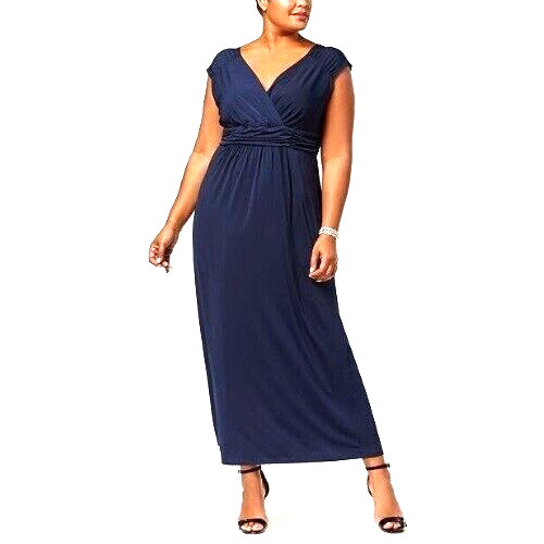 NY Collection Womens Plus 3X Navy Blue V Neck Long Maxi Dress NWT CN73