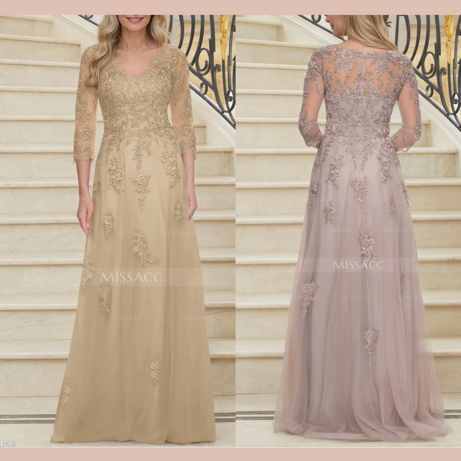 NWT MISSACC [ PLUS ] A-Line V-Neck 3/4 Sleeves Tulle Appliques Embroidered Gown