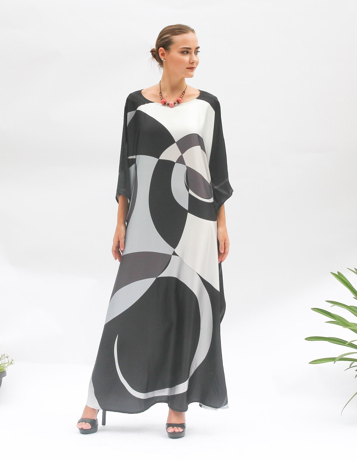 Printed Black & White Kaftan, Long Caftan, Soft Satin Silk Kaftan, J5819