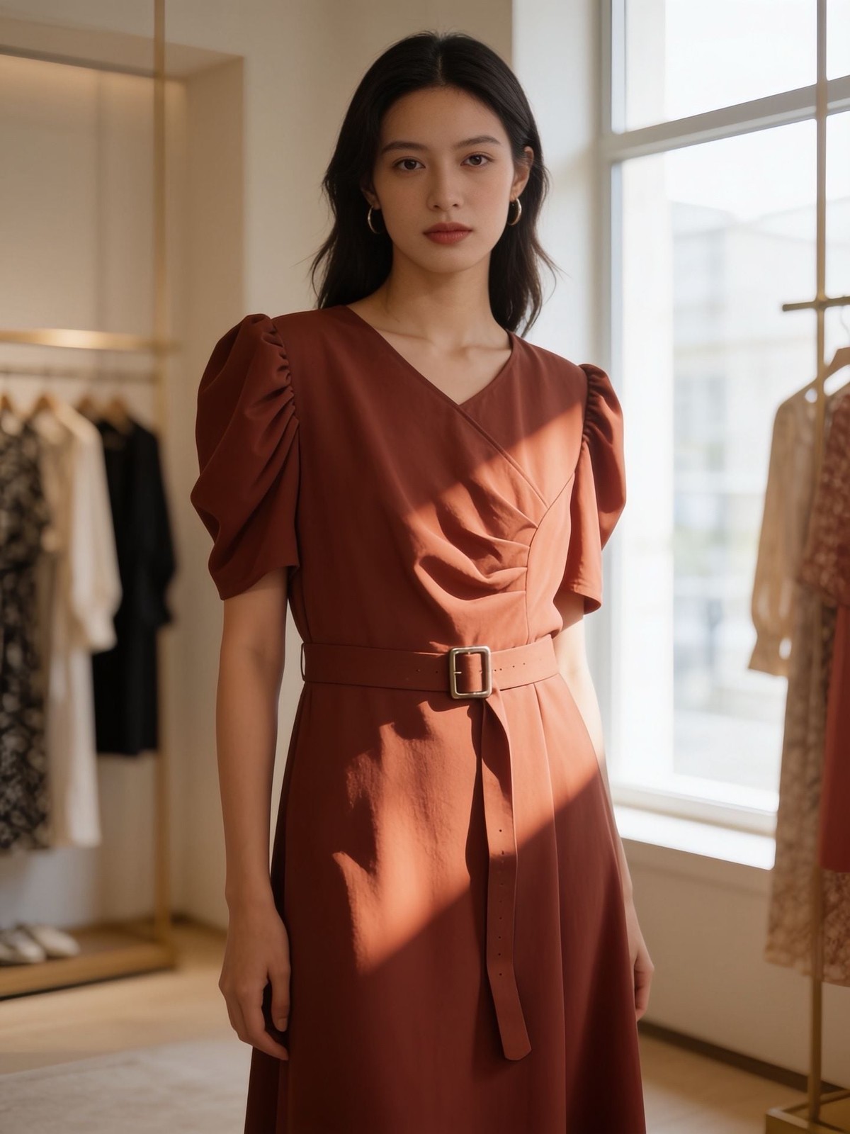 Rusty Orange Belted Midi Dress with Puff Sleeves