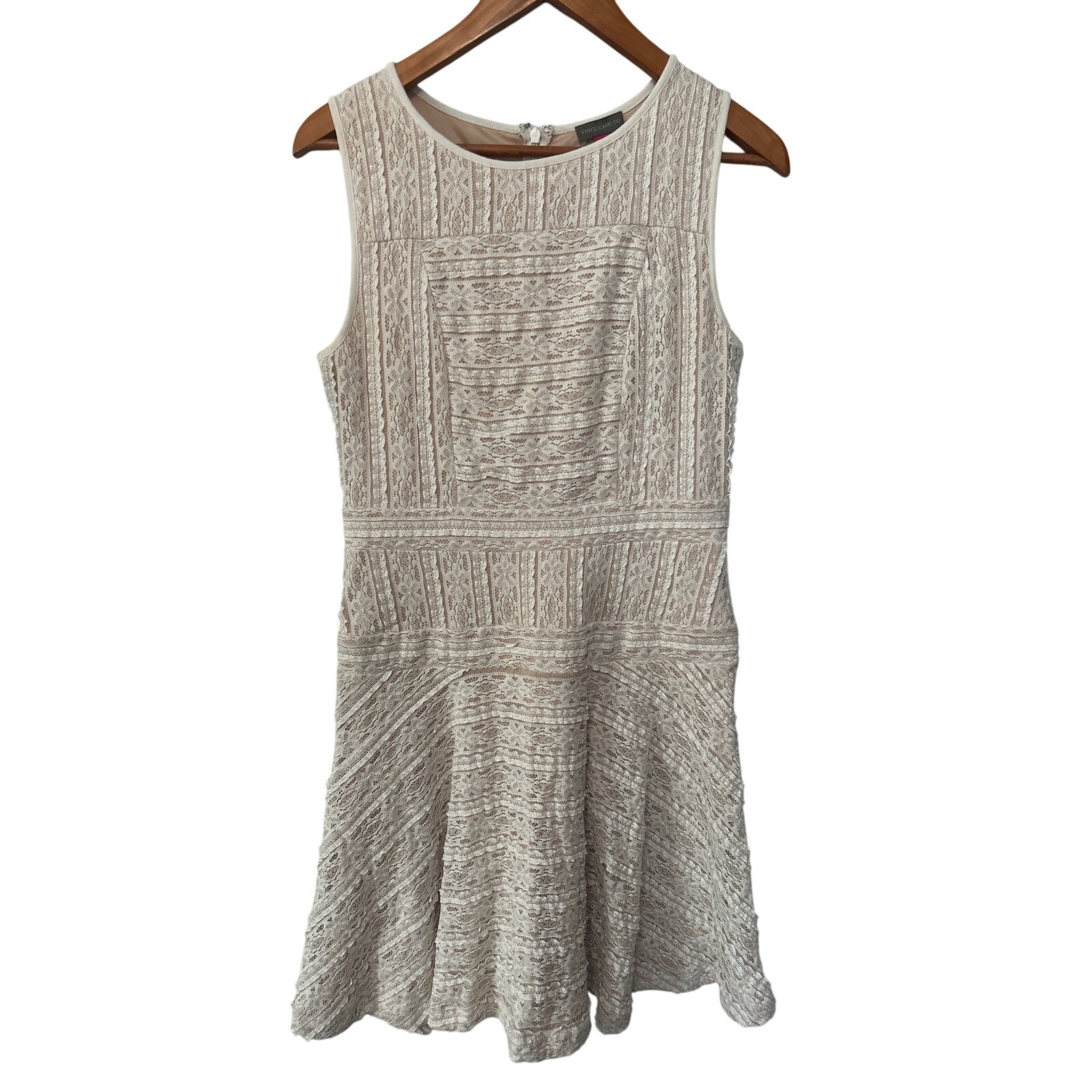 Vince Camuto Dress Cream & Tan Underlay Lace Drop Waist Midi Sleeveless Size S