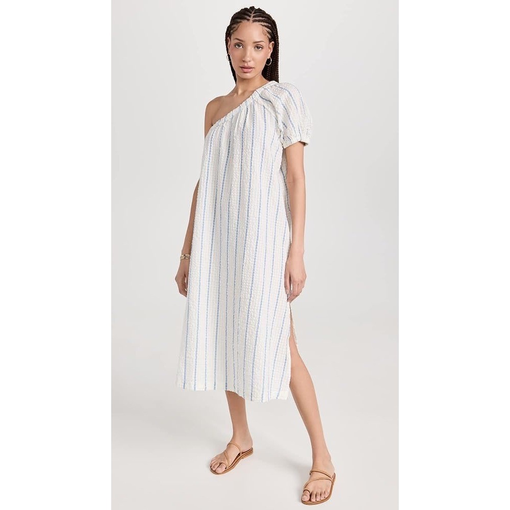 Madewell One Shoulder Seersucker Midi Dress Blue White Striped Pockets NM263