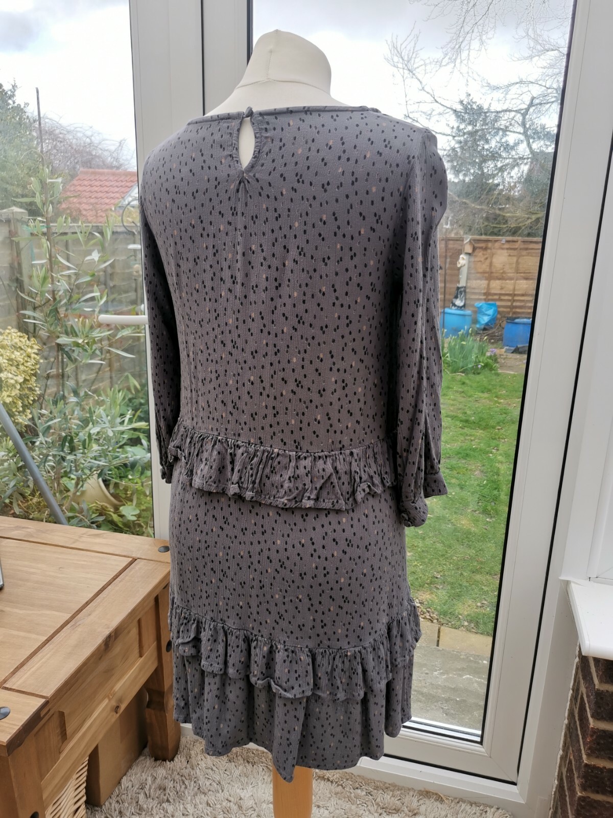 FatFace Copper And Black Grey Spot Ruffle Smock Dress Size 10