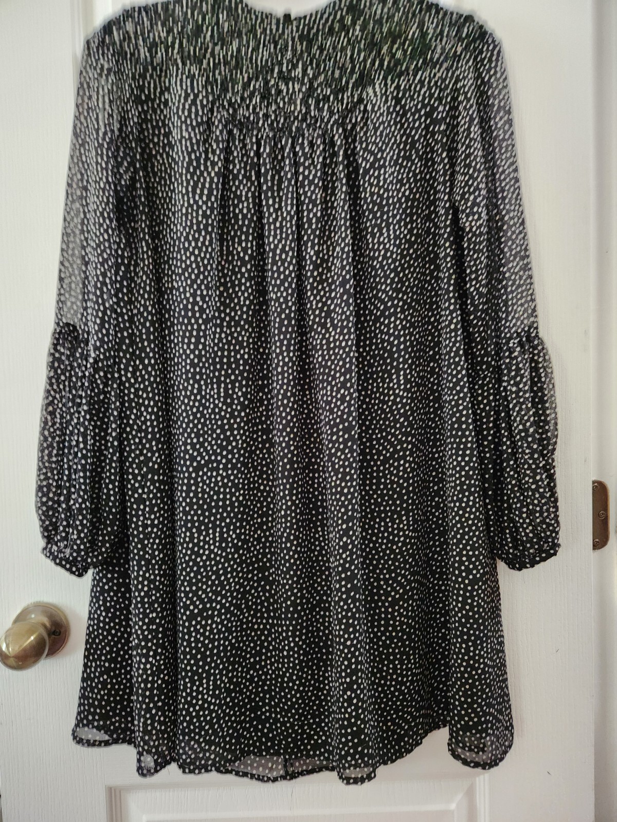 ZARA Collection Smocked High Neck Black/Ivory Polka Dot Dress Long Sleeve Size S