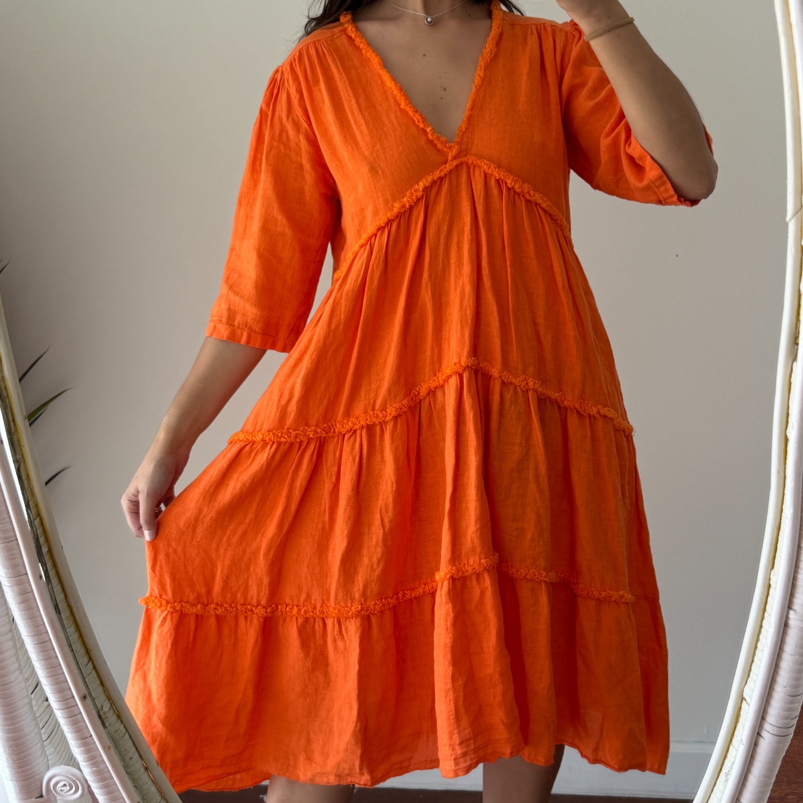 Italian 100% Linen Dress OS Orange Tiered Midi Lagenlook Artsy Boho Resort Euro