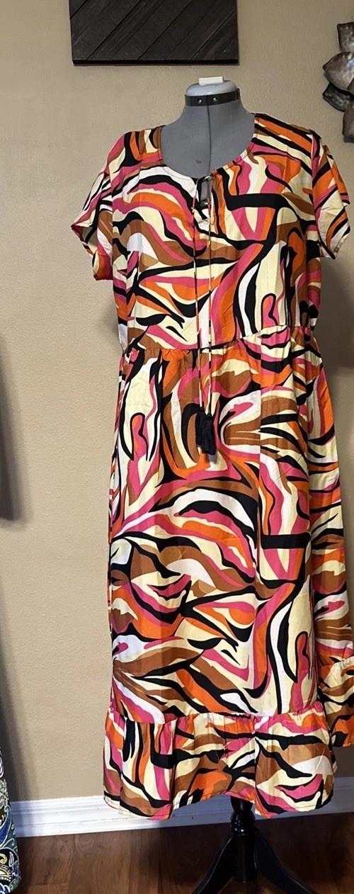 Gypsie Blu Women’s 1X Maxi Dress Cap Sleeve Orange Black Yellow & Pink Print NWT