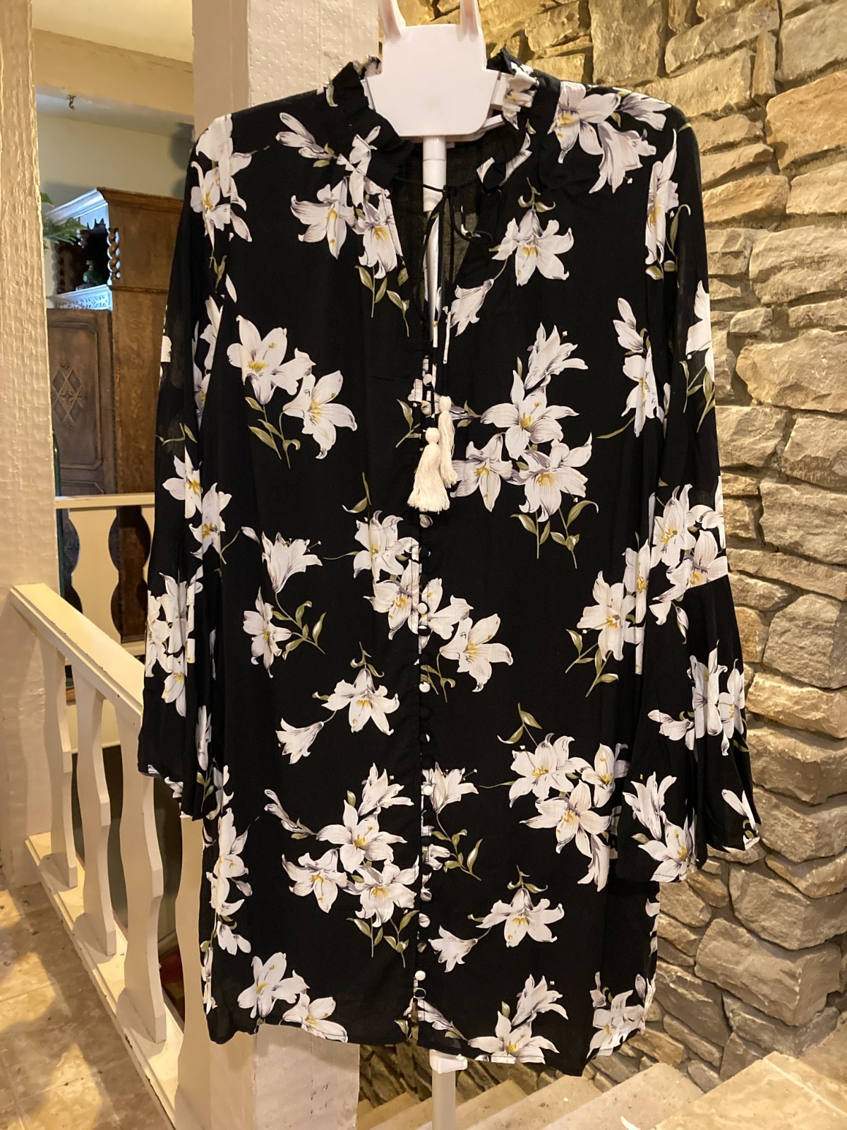 Entro Button-down Tunic Dress, Small, Stand-up collar, Flare Sleeve, Lined NWT