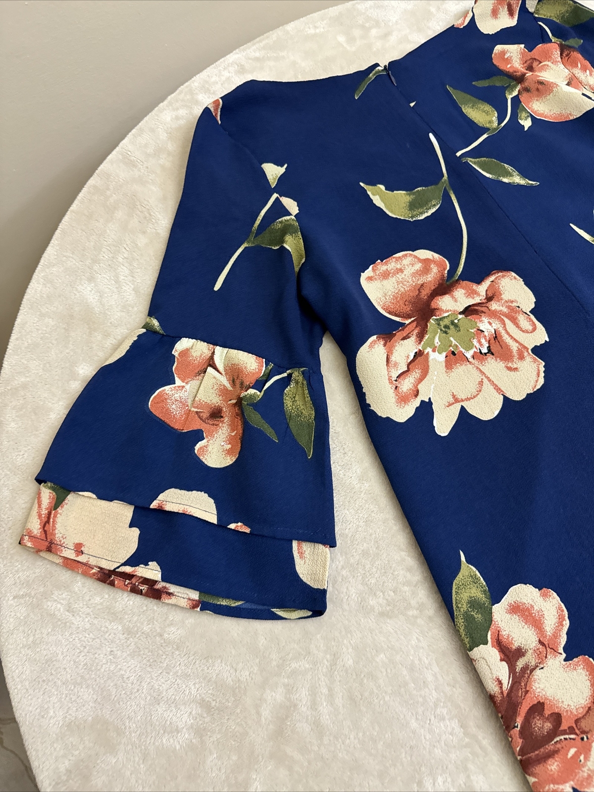 BELONGSCI Womans Navy Blue Floral FLARED SLEEVE Dress Size Medium