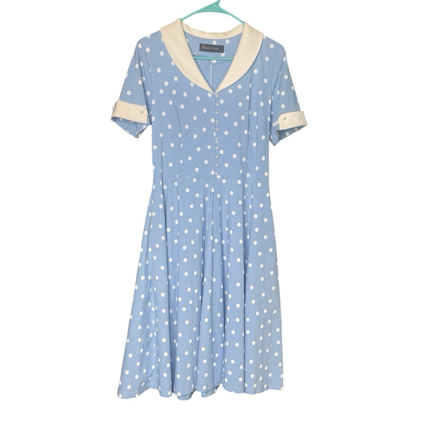 Gown Town Blue Polka Dot Short Sleeve Fit Flare Dress Rockabilly 50s Pinup L