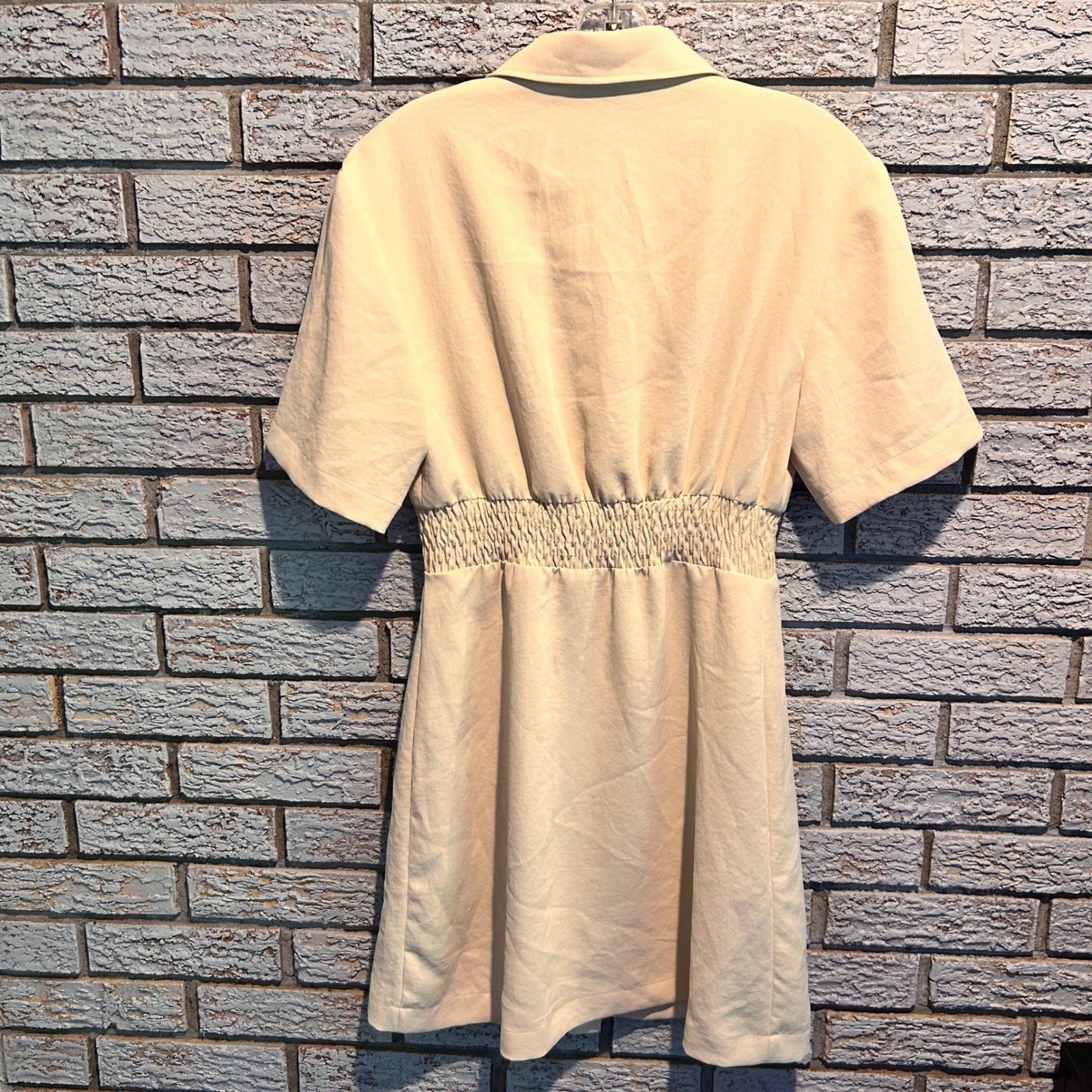 Sandro Paris Smocked Waist Button Down Shirt Dress Cream SFPRO03597 Size 38 F