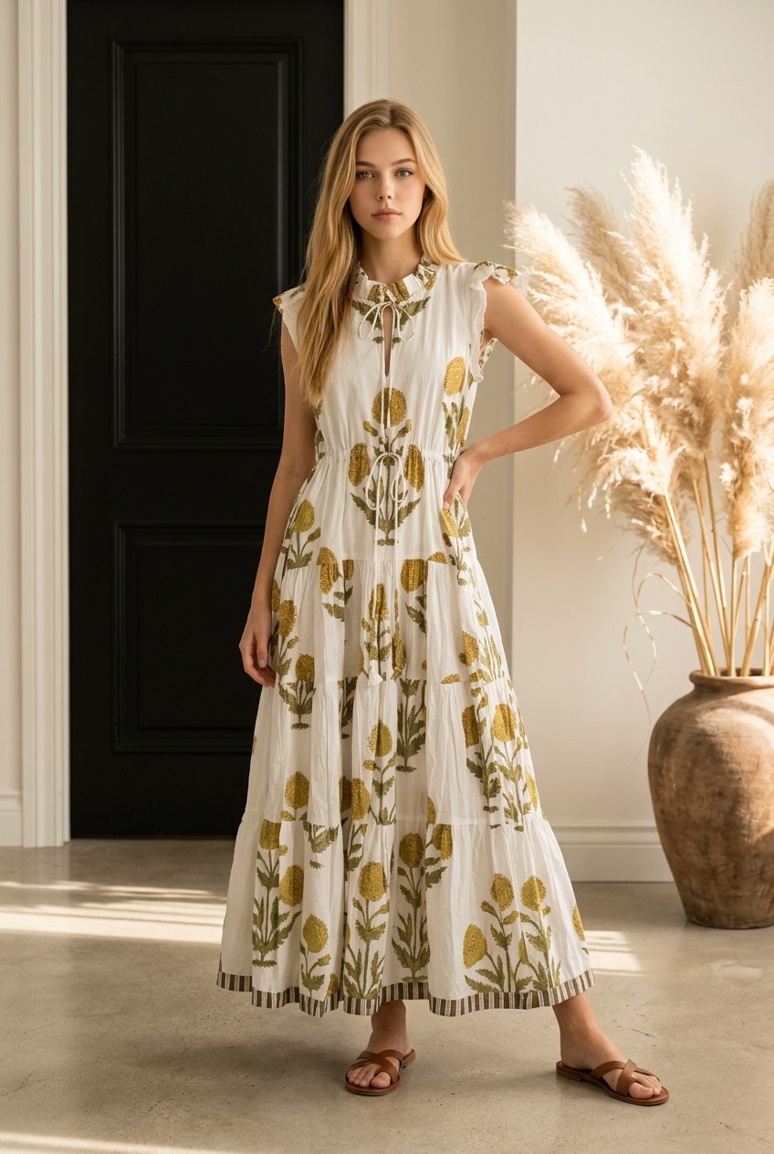 House of Cloth Taj Maxi Dress Floral Hand Block Print Tiered Cottagecore XS