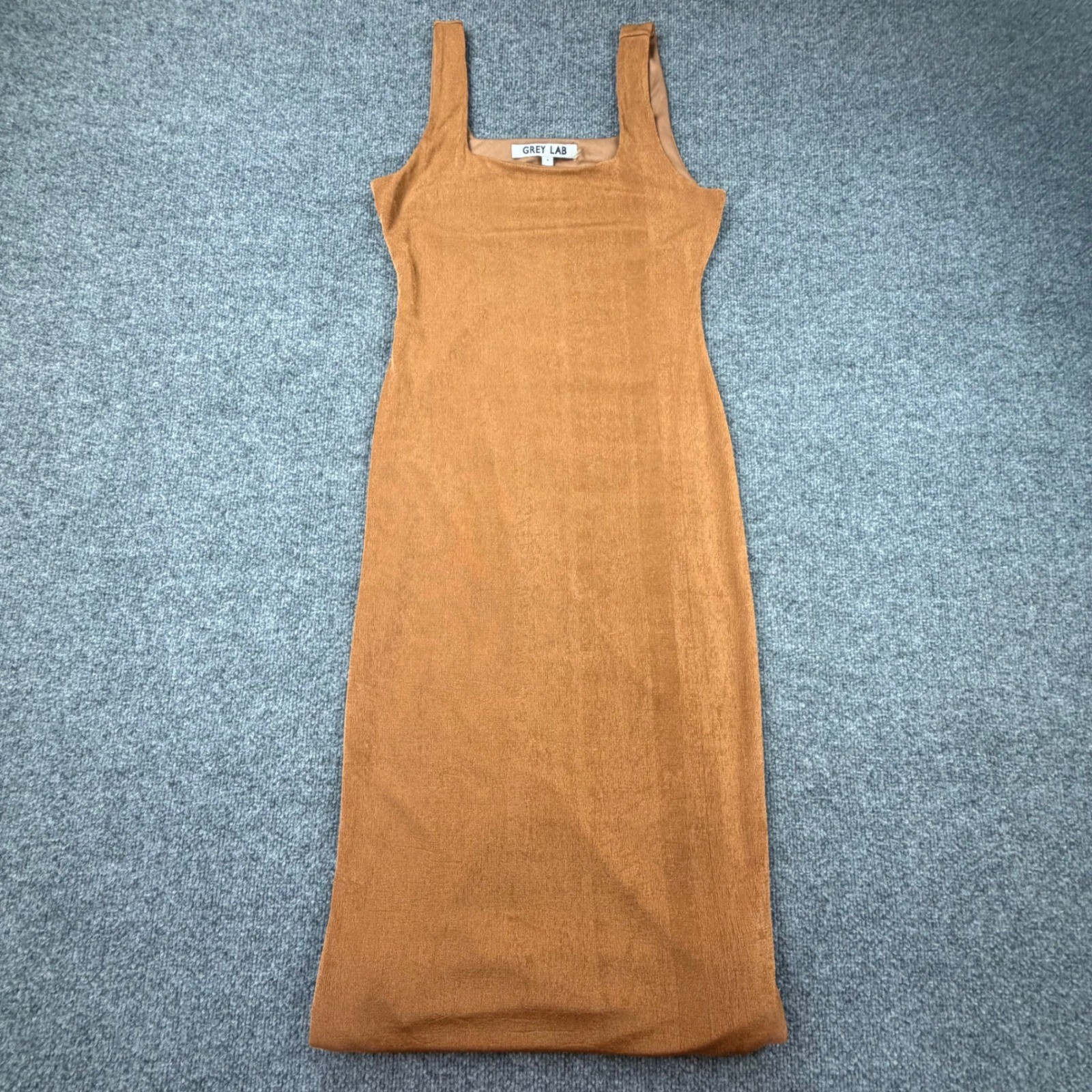 Grey Lab Rust Brown Textured Square Neck Sleeveless Bodycon Midi Dress Medium