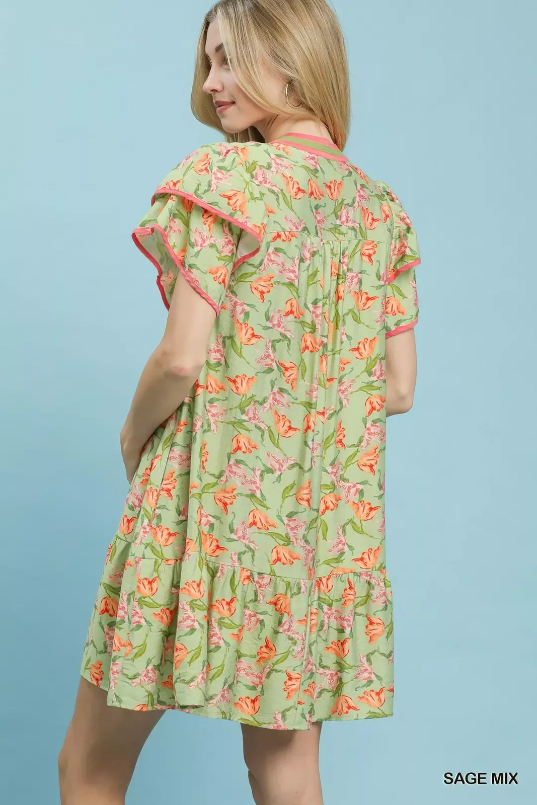 Umgee Floral Flutter Sleeve Tiered Dress