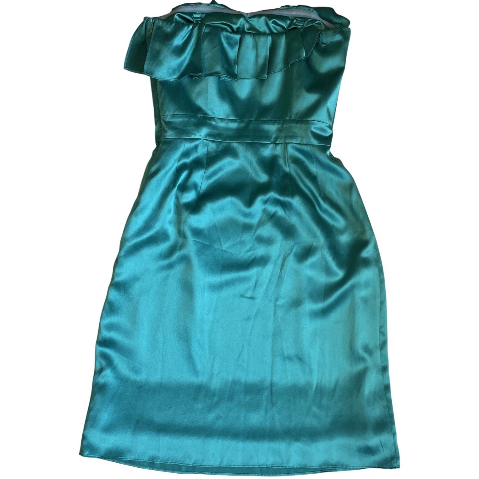 100% Silk Women Sz 2 Teal Strapless Mini Ruffle Neckline Dress 🩵 Party Cocktail