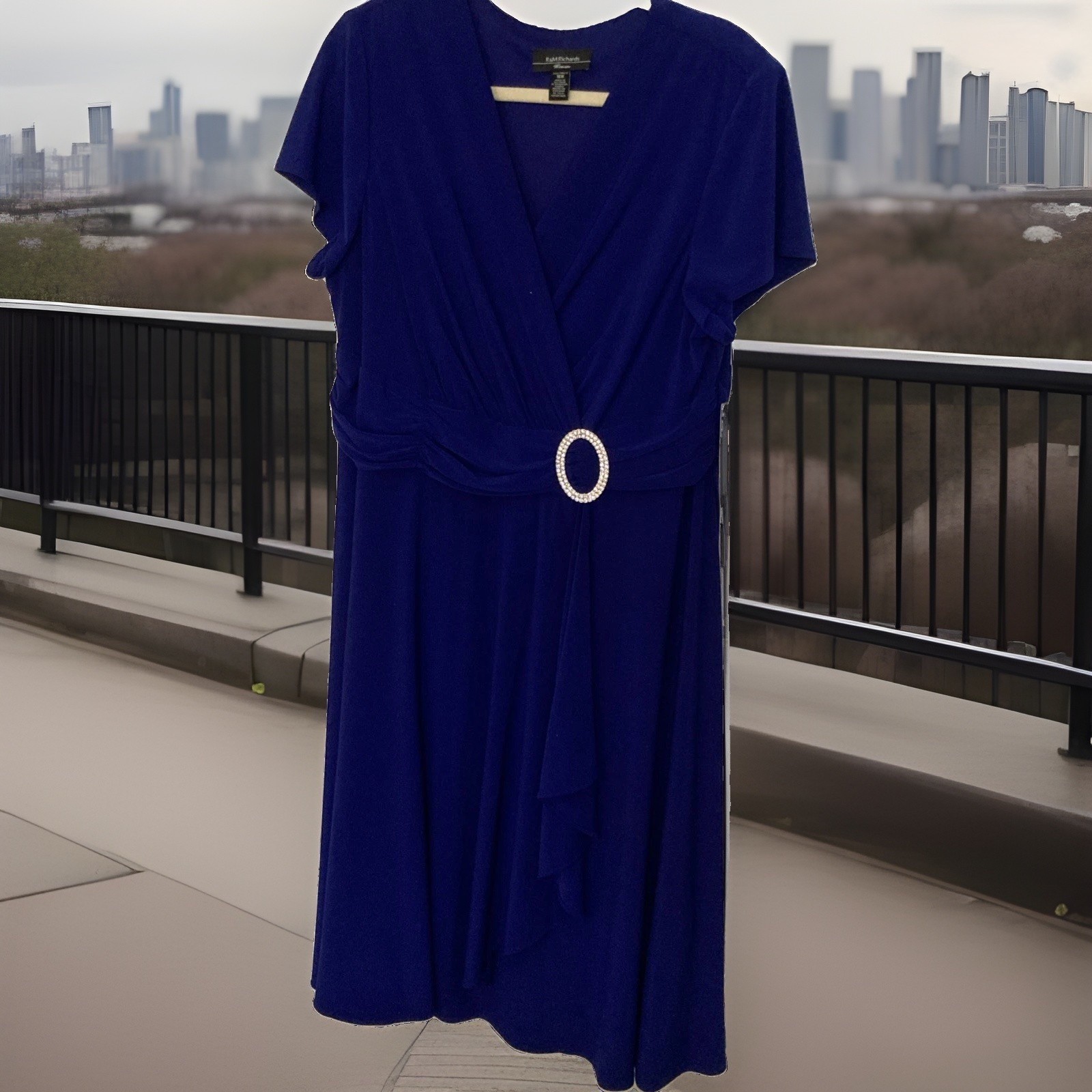 R&M Richards Women’s Royal Blue Faux Wrap Dress Rhinestone Buckle Size 16W