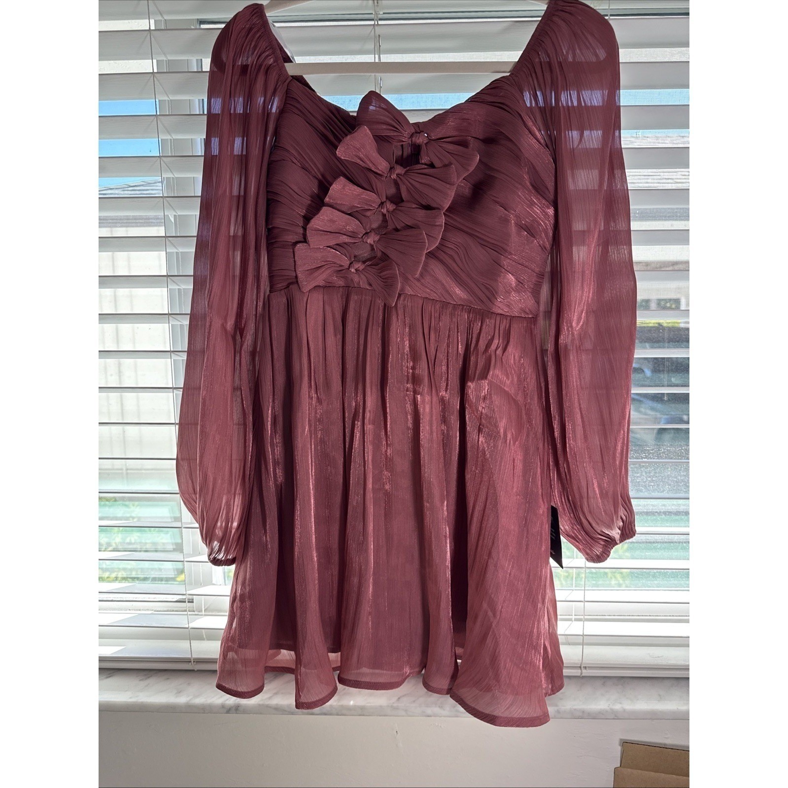 Lulus Mauve Pink Pleated Bow Front Balloon Sleeve Mini Dress Small New