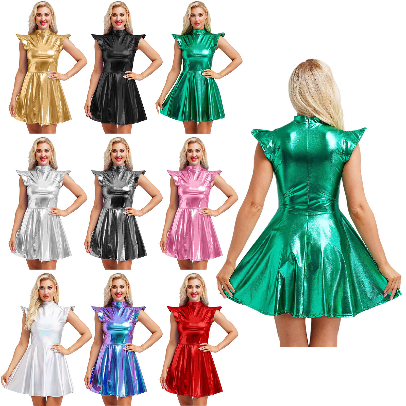 US Womens Mini Dress Shiny Metallic Pleated Dresses Sparkle Outfit Party Costume