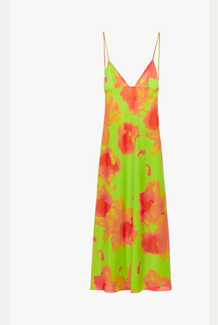 Zara XS Midi Dress Orange Green Floral V-Neck Sleeveless Strappy Straps