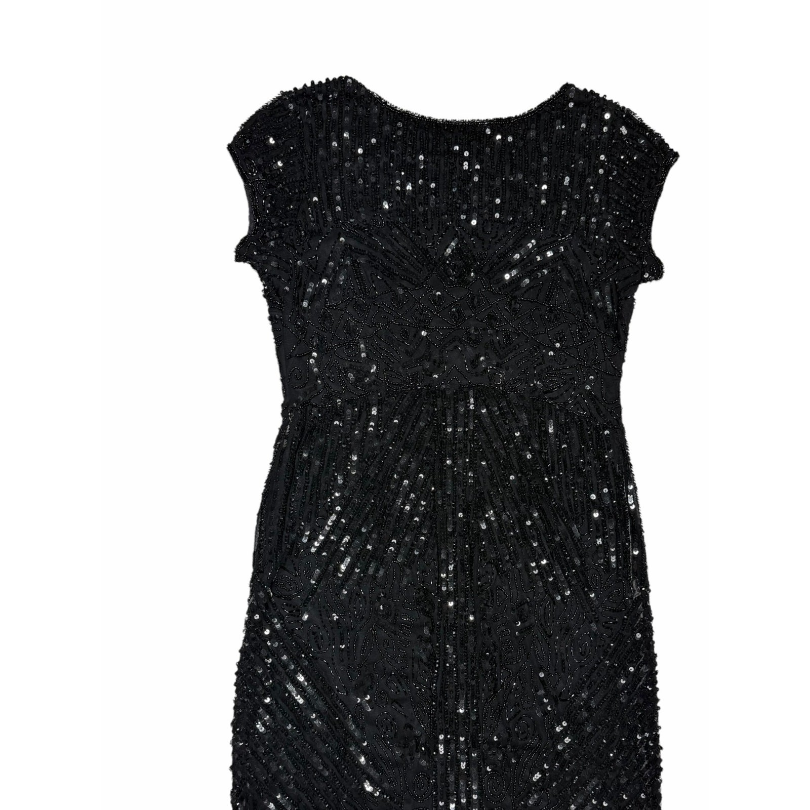 Pisarro Nights Black Beaded Sequin Fringe Cocktail Dress Art Deco Gatsby Flapper