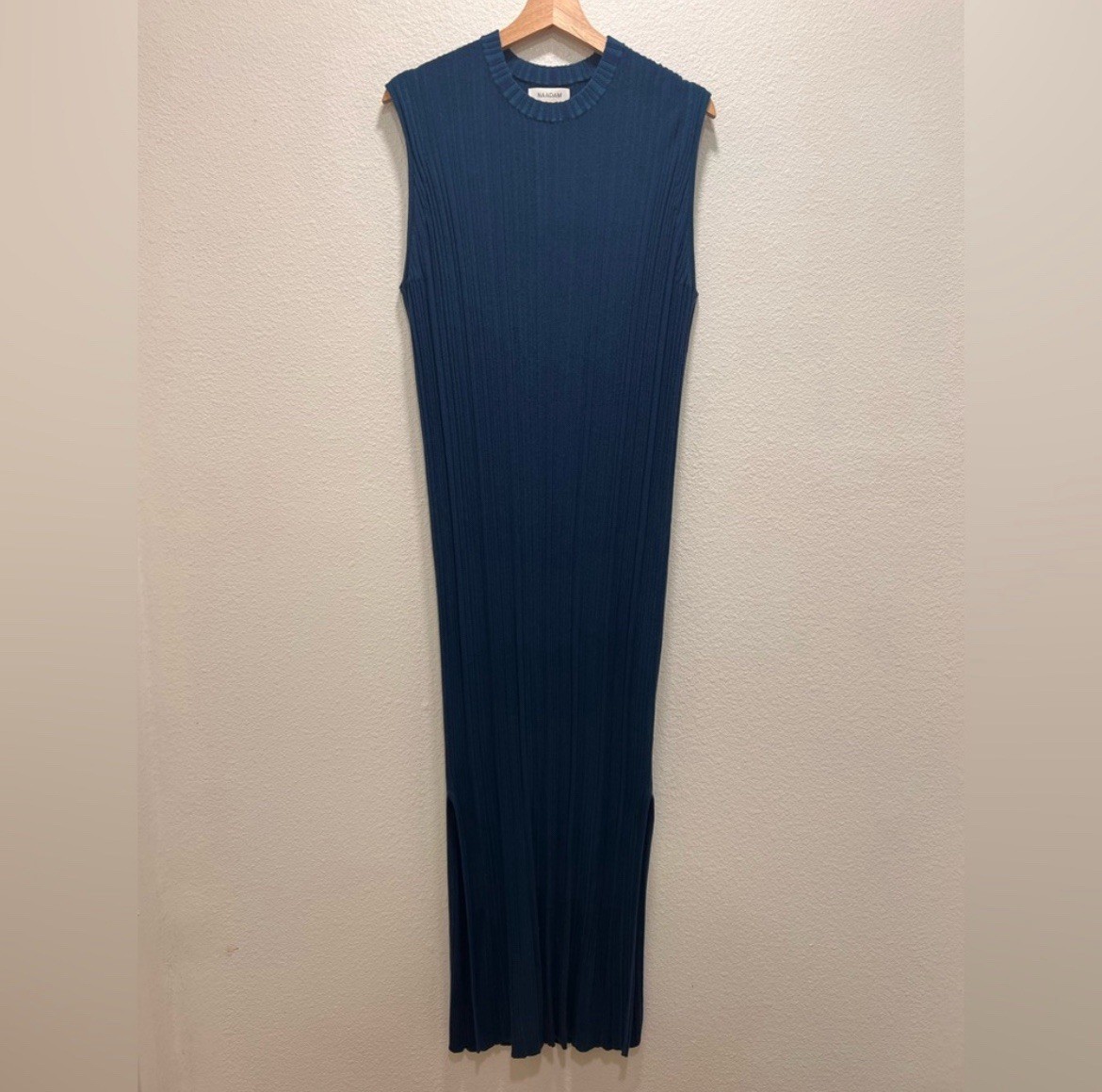 Naadam Blue Combo Ribbed Maxi Dress Cashmere Silk Sleeveless Size L Quiet Luxury
