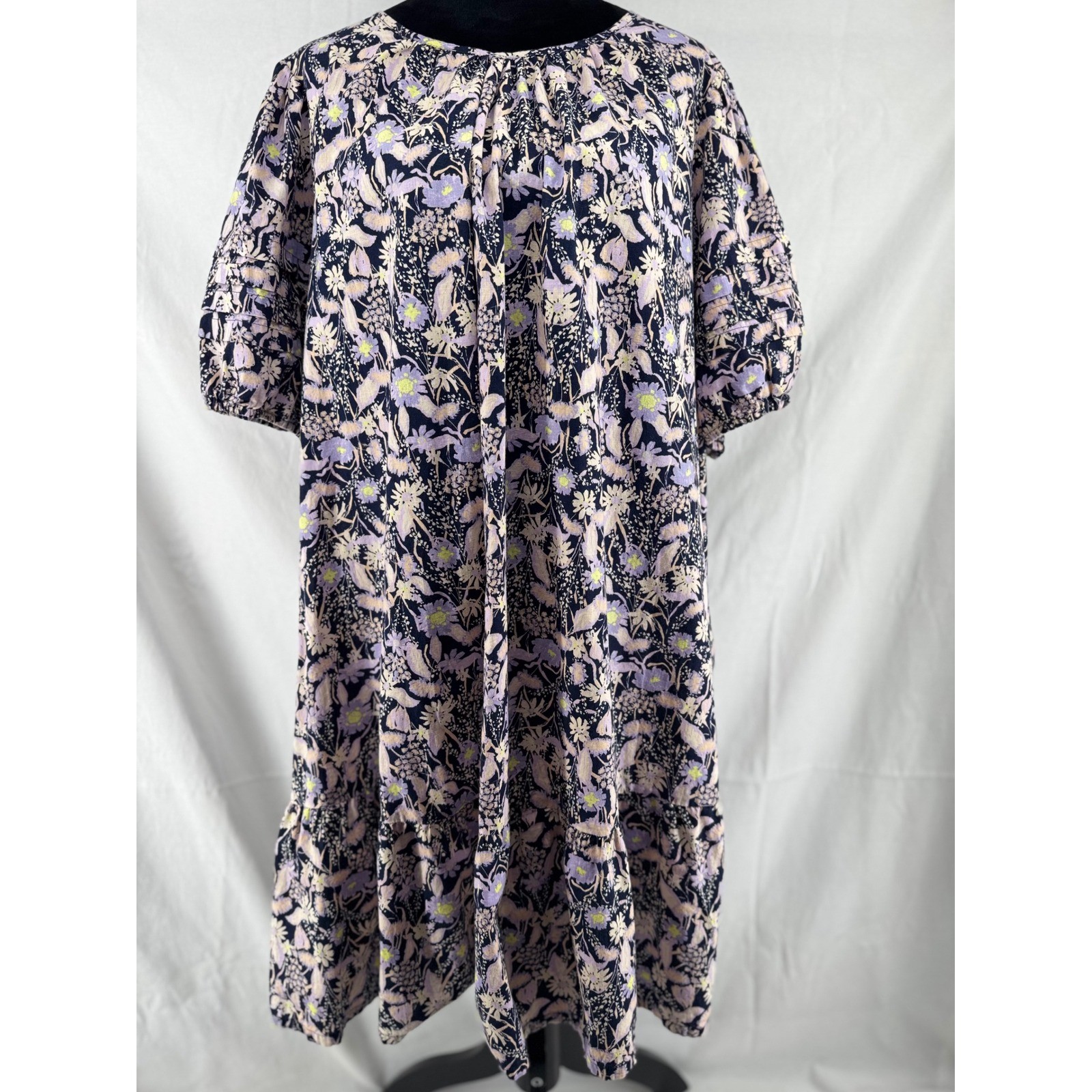 Ava & Viv Womens 2X Floral Cotton Shift Dress Navy Purple Tiered Puff Sleeve