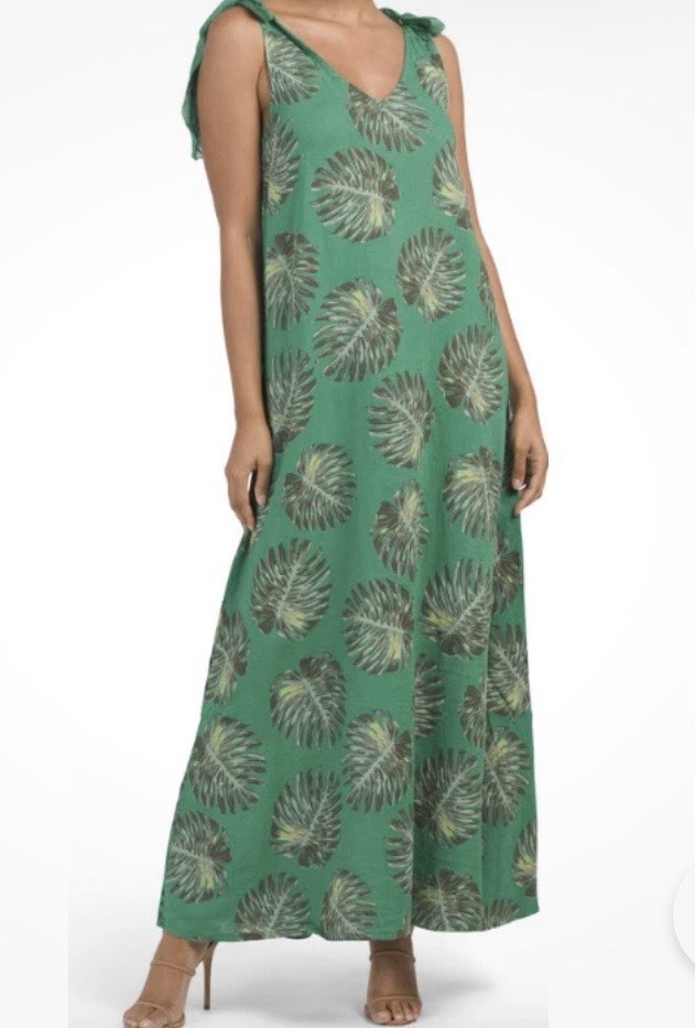 Cristina Vergani Linen Maxi Dress Sz L Green Palm Leaf Tropical Beach Italy